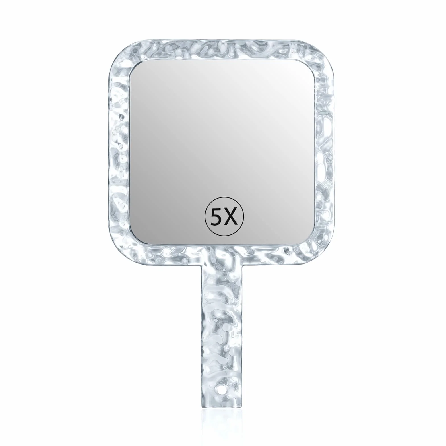 YEAKE Specchio a mano, doppio lato, con ingrandimento 1X/5X, con manico per trucco, specchio da barba con foro per appenderlo, acrilico, 15,5 cm di larghezza x 25,4 cm di lunghezza, forma quadrata,