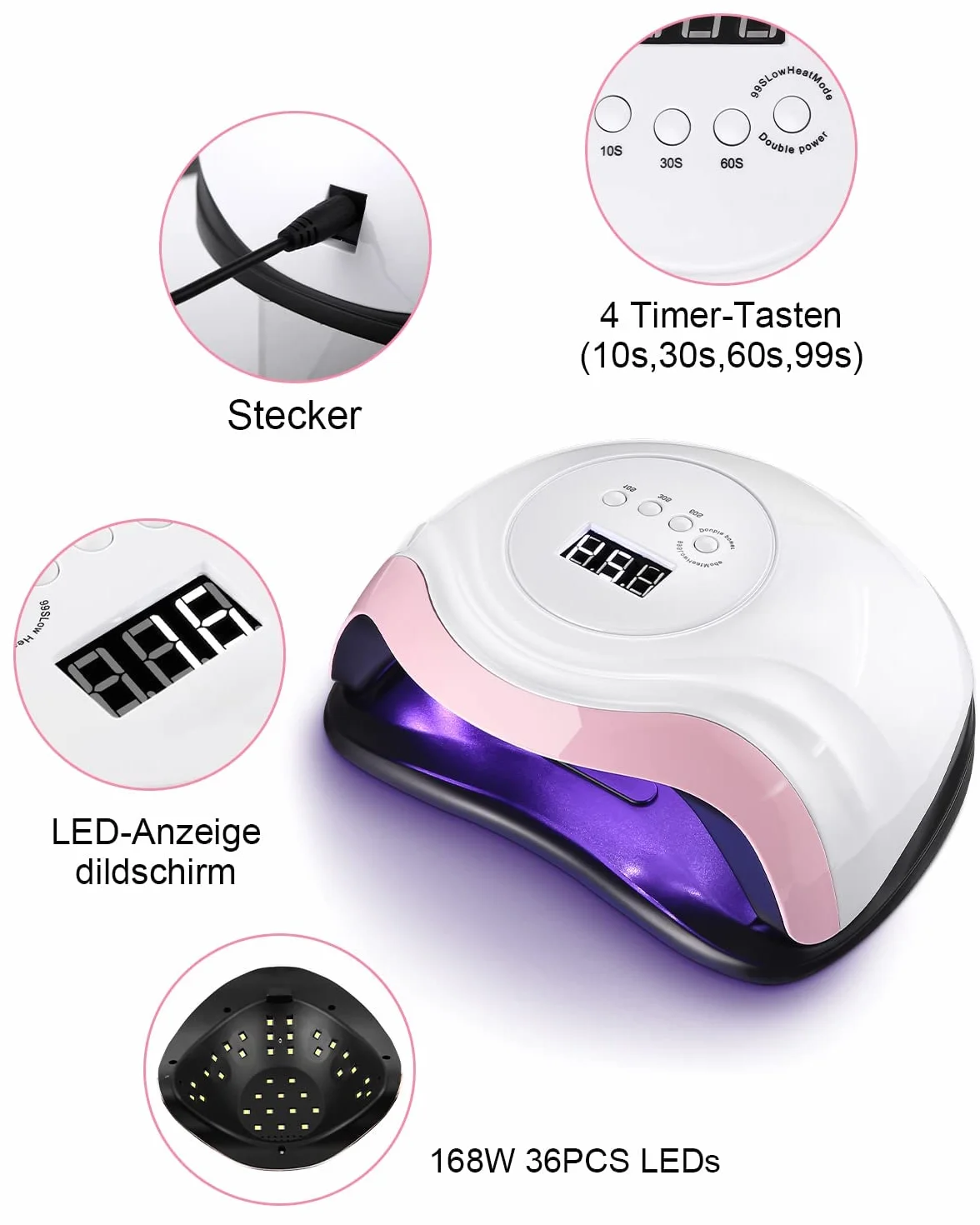 168 W Lampada per Unghie, Lampada a LED UV per Manicure e Pedicure 36 LED Lampada UV Unghie Professionale con Automatico Sensore Display 4 Timers da10s 30s 60s 99s (Elegant-White Pink)
