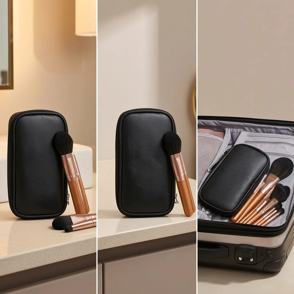 Set Pennelli Trucco 17 Pezzi Manico, Struttura compatta, Pennelli Trucco Base, Sfumature, Per Giovani Artiste, Set di 17 pennelli per trucco rosso acero con borsa con cerniera in PU nera