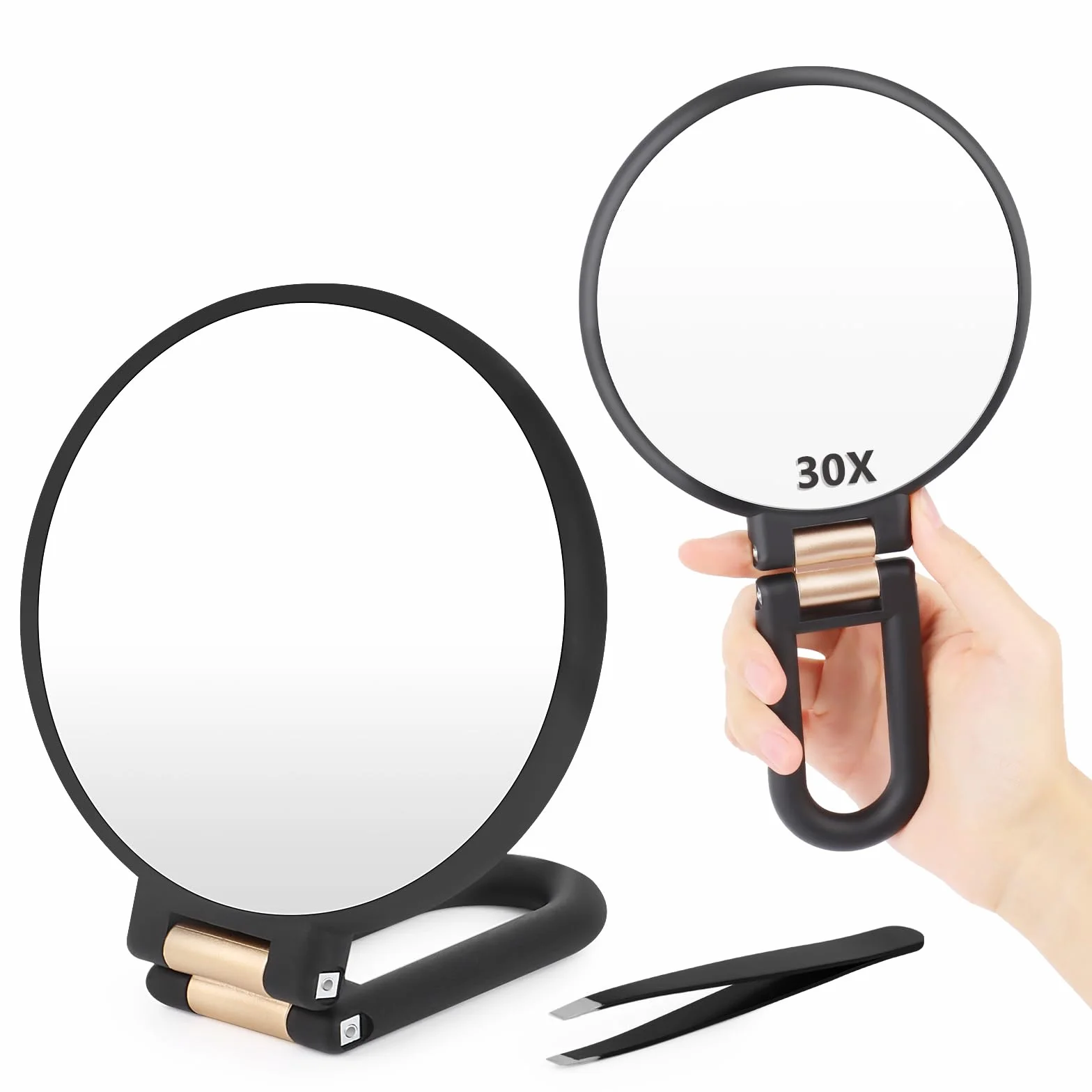 VMUTGA Specchio Ingrandimento Bilaterale 30x/1x, Specchio da Mano, da Tavolo e da Parete, Comodo Specchio Pieghevole da Viaggio per Cosmetici, con Pinzette