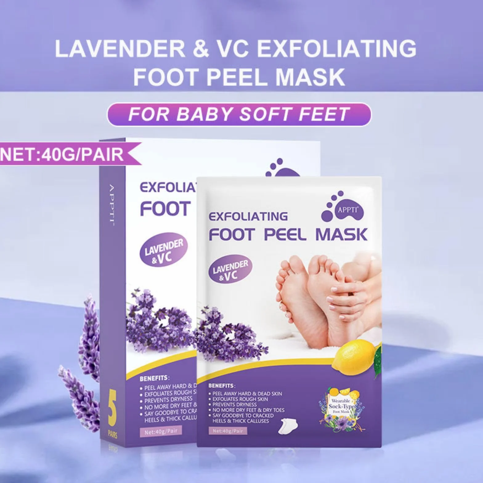 Joyeee Maschera Piedi Esfoliante, Lavender Foot Peel Mask, Efficace Peeling Piedi, Scrub Piedi e rimozione Calli dei Piedi, per Uomini e Donne, 5 paia