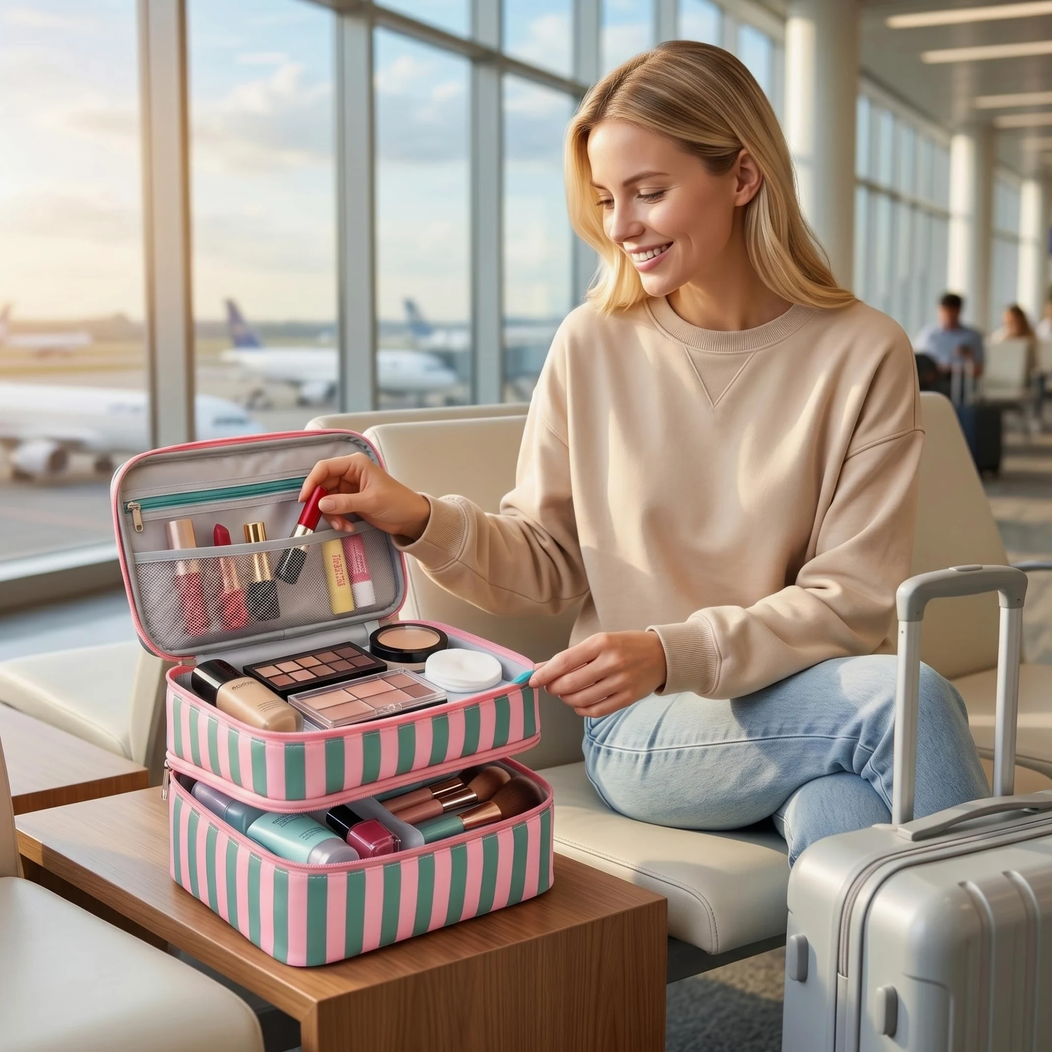 Borsa organizer per smalti, organizer a doppio strato con scomparti multipli, borsa per kit unghie di grande capacità, a strisce verdi e 1