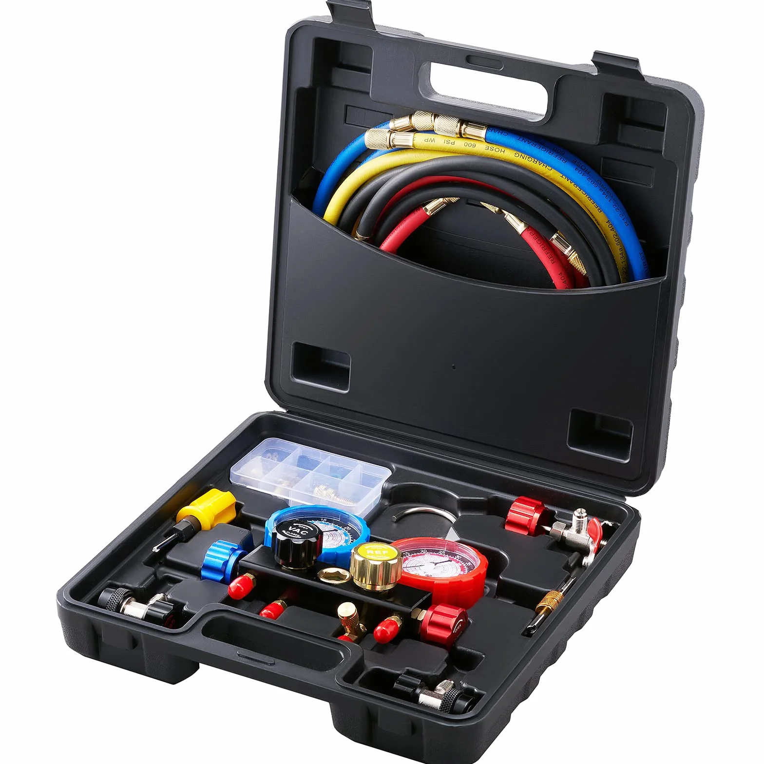 VEVOR Set Manometro Refrigeranti 4 Vie R134A R410A R22 Aria Condizionata, Indicatore Collettore AC 3 Adattatori Valigetta 31x30x8,5cm