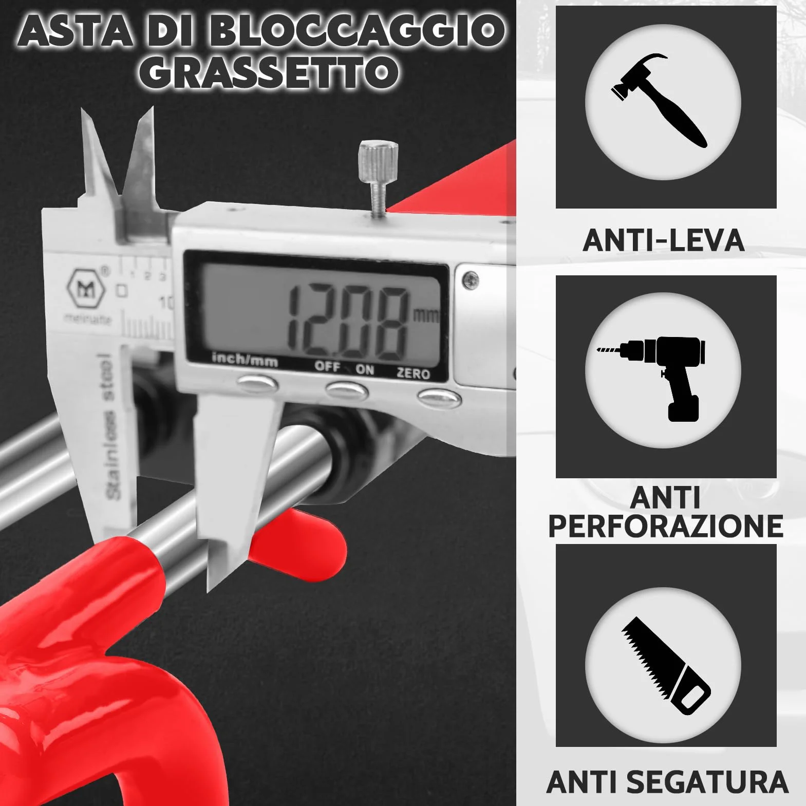 Tevlaphee Blocca Sterzo Automobile, Bloccasterzo Auto, Alta Visibilità, 3 Chiavi (Rosso)