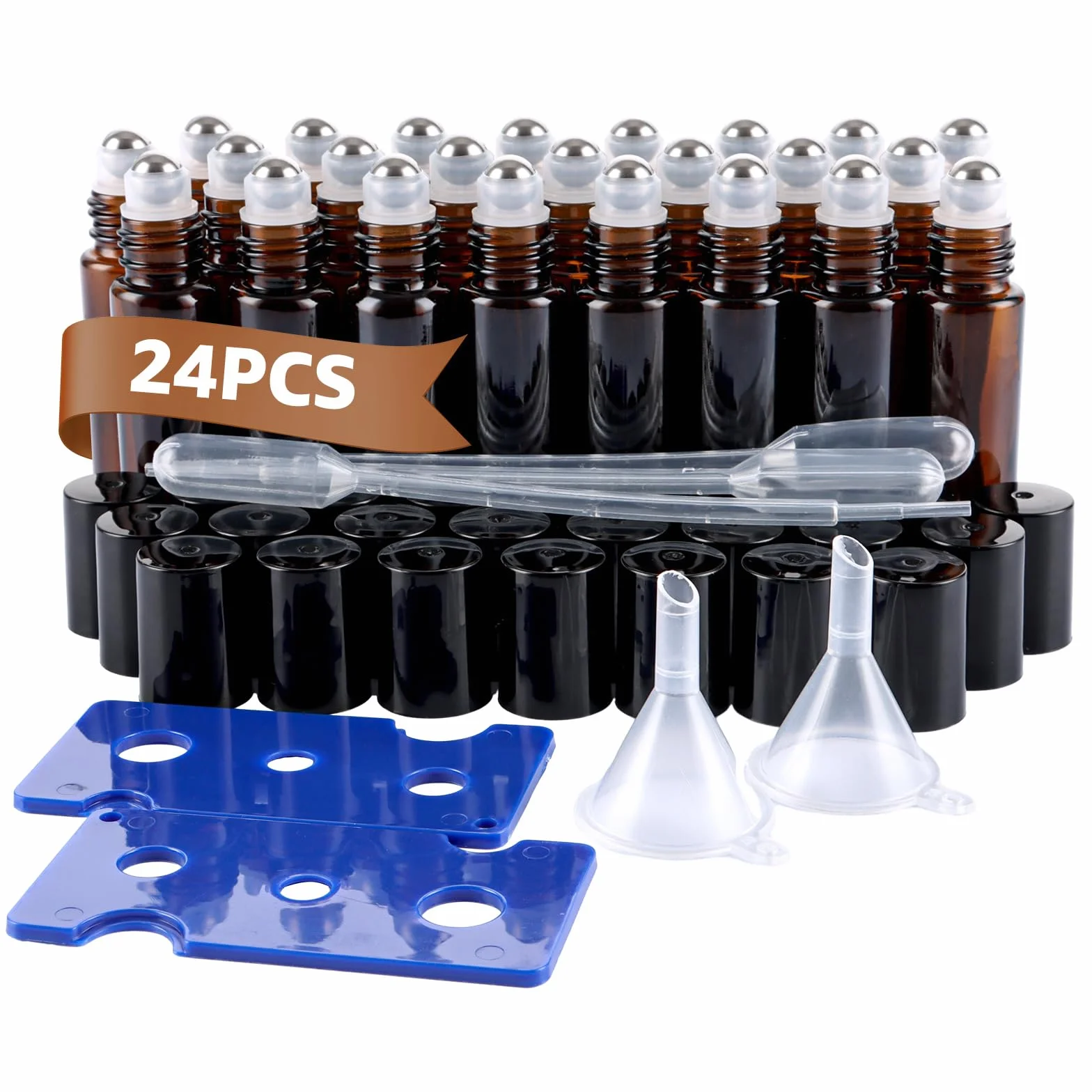 24 pezzi oli essenziali Roller bottiglie di vetro, 10 ml vuoto di vetro Roll-on bottiglie, marrone Roll on bottiglie di vetro con imbuto, apri pipette, per oli essenziali