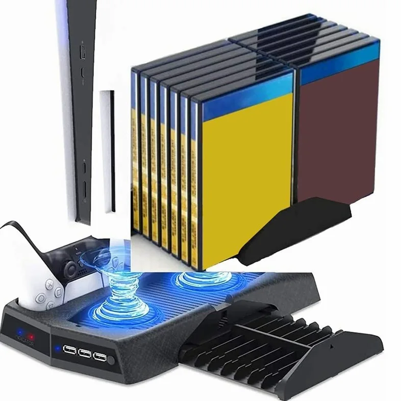 Base di ricarica per PS5 con ventola di raffreddamento e controller a 3 porte e supporto per vassoio di archiviazione