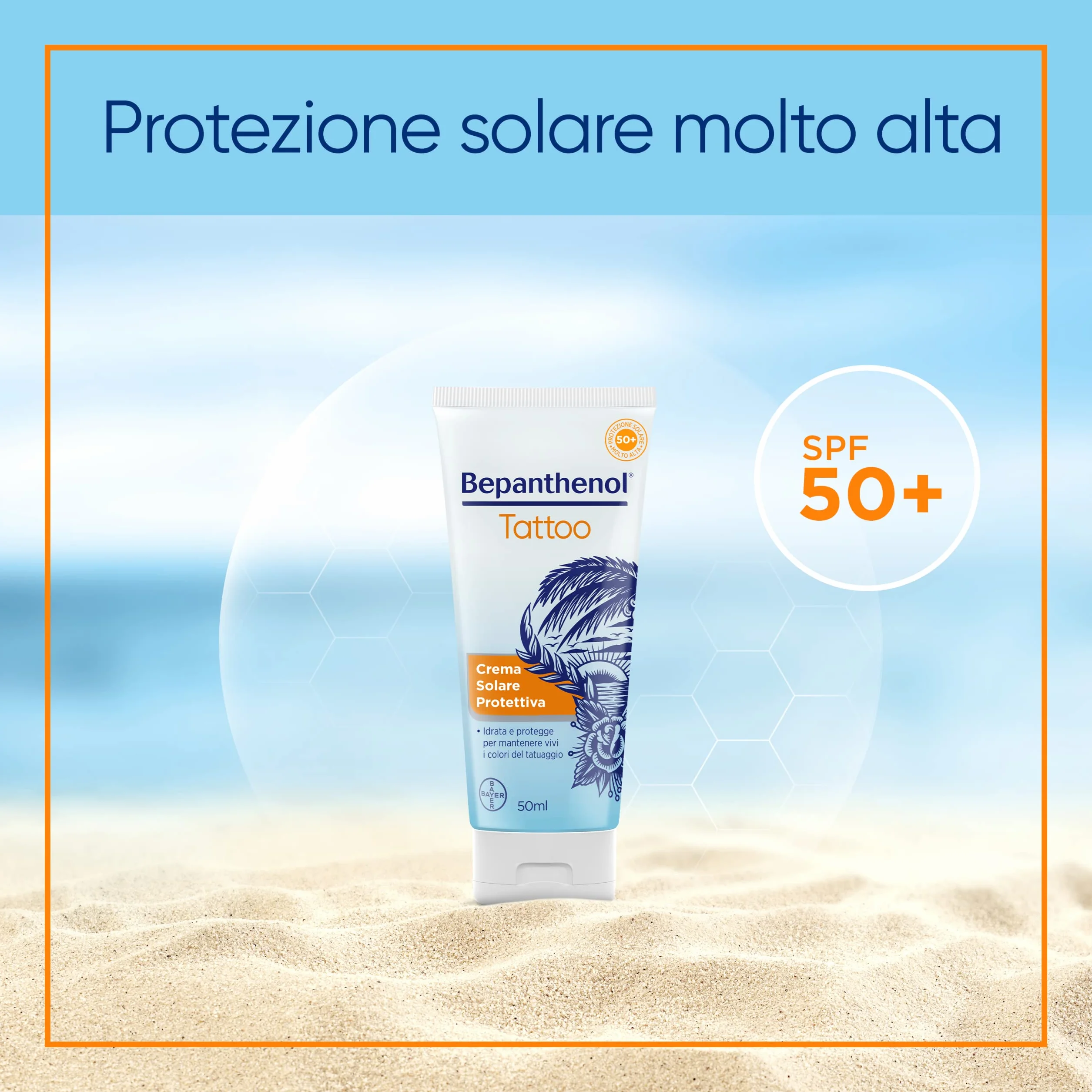 Bepanthenol Tattoo Crema Solare 50 Aftercare Protezione Solare UVB UVA 50 ml