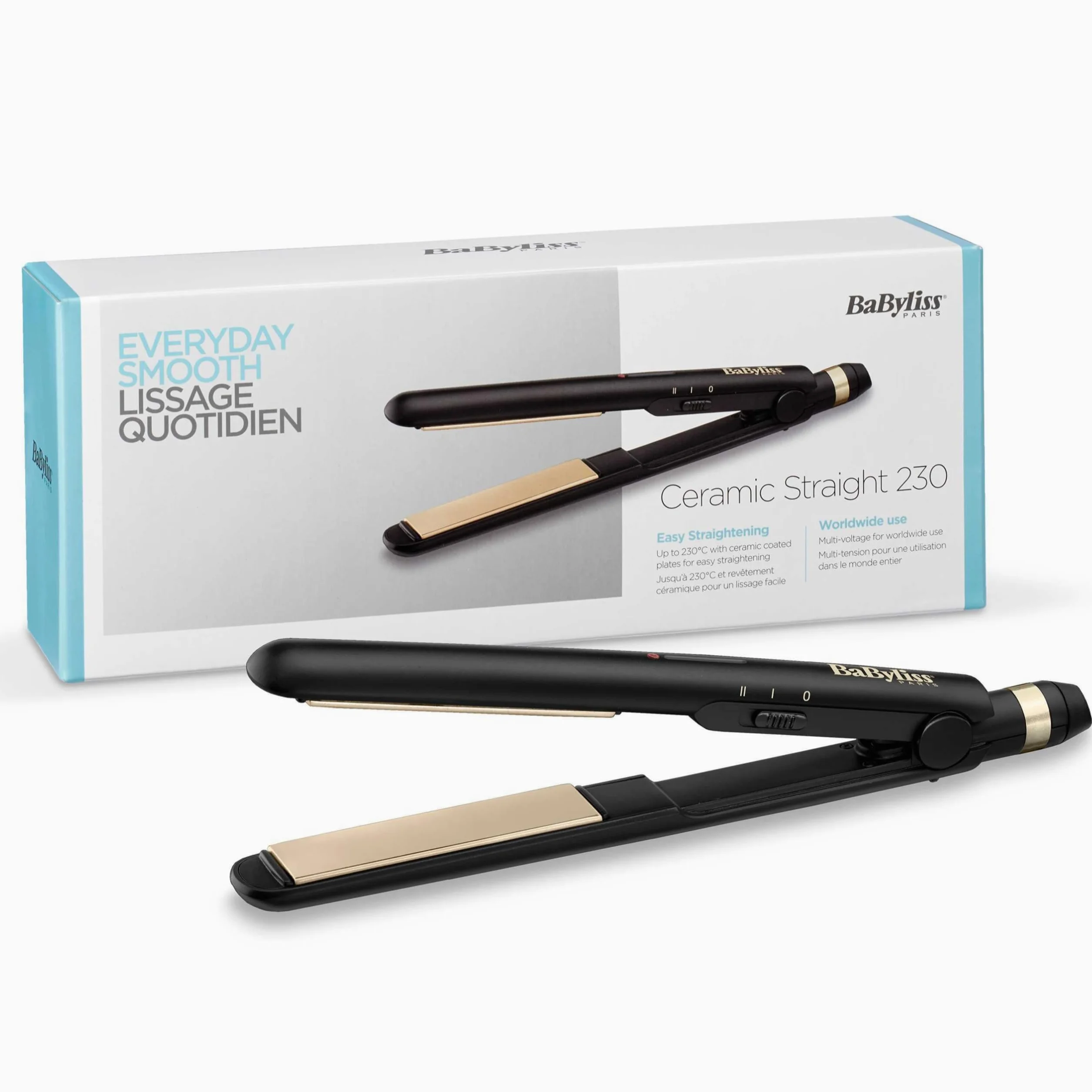 BaByliss Piastra Capelli Ceramic Straight, Multi-voltaggio, look lisci, Tappetino termo-resistente incluso, 2 temperature 200°C - 230°C, nero, ST089E