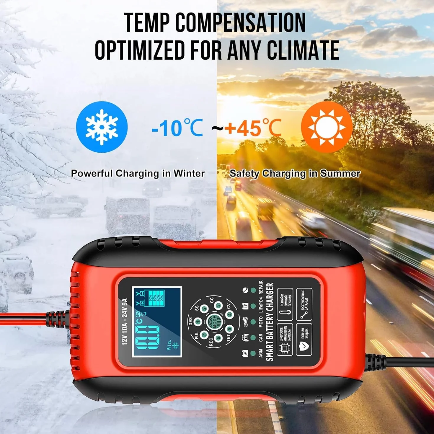 Caricabatteria da Auto 12V10A 24V5A, Intelligente Schermo LCD Carica Batteria Moto, AGM, LiFePO4
