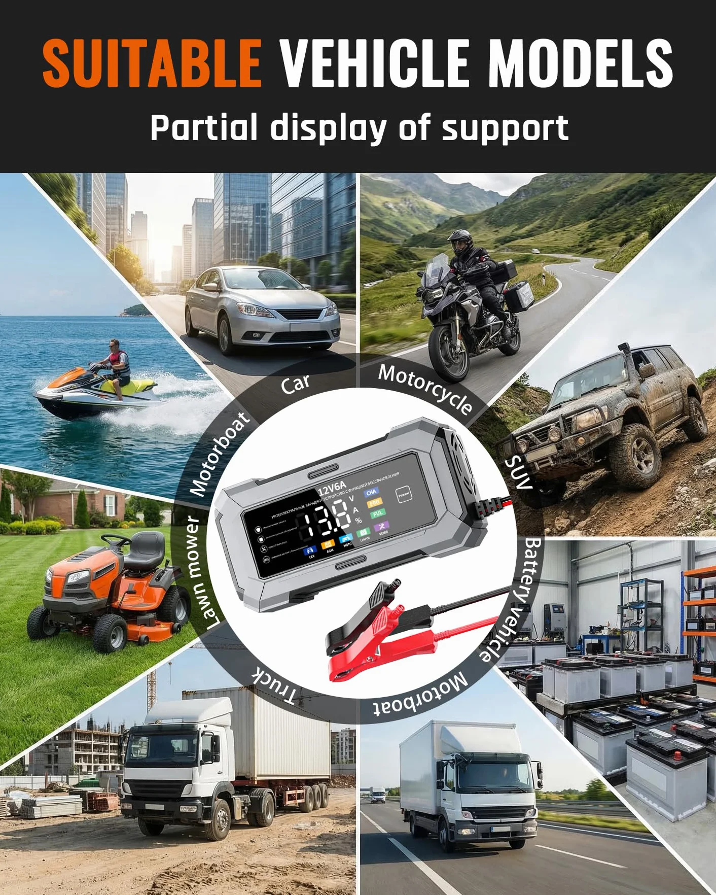 TANYO Caricabatterie Intelligente 12V 6A con Display LCD per Auto Moto AGM LiFePO4