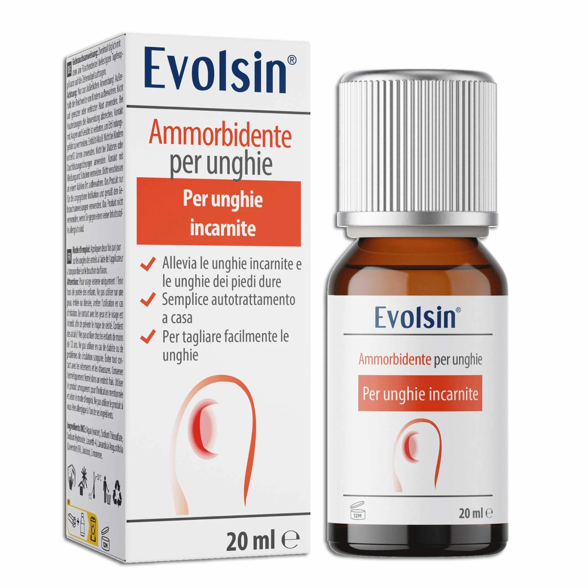 Evolsin Ammorbidente per unghie - Soluzione delicata ed efficace per unghie incarnite - Formula alcalina per unghie morbide ed elastiche - Facile da usare con applicatore di tampone - 20ml