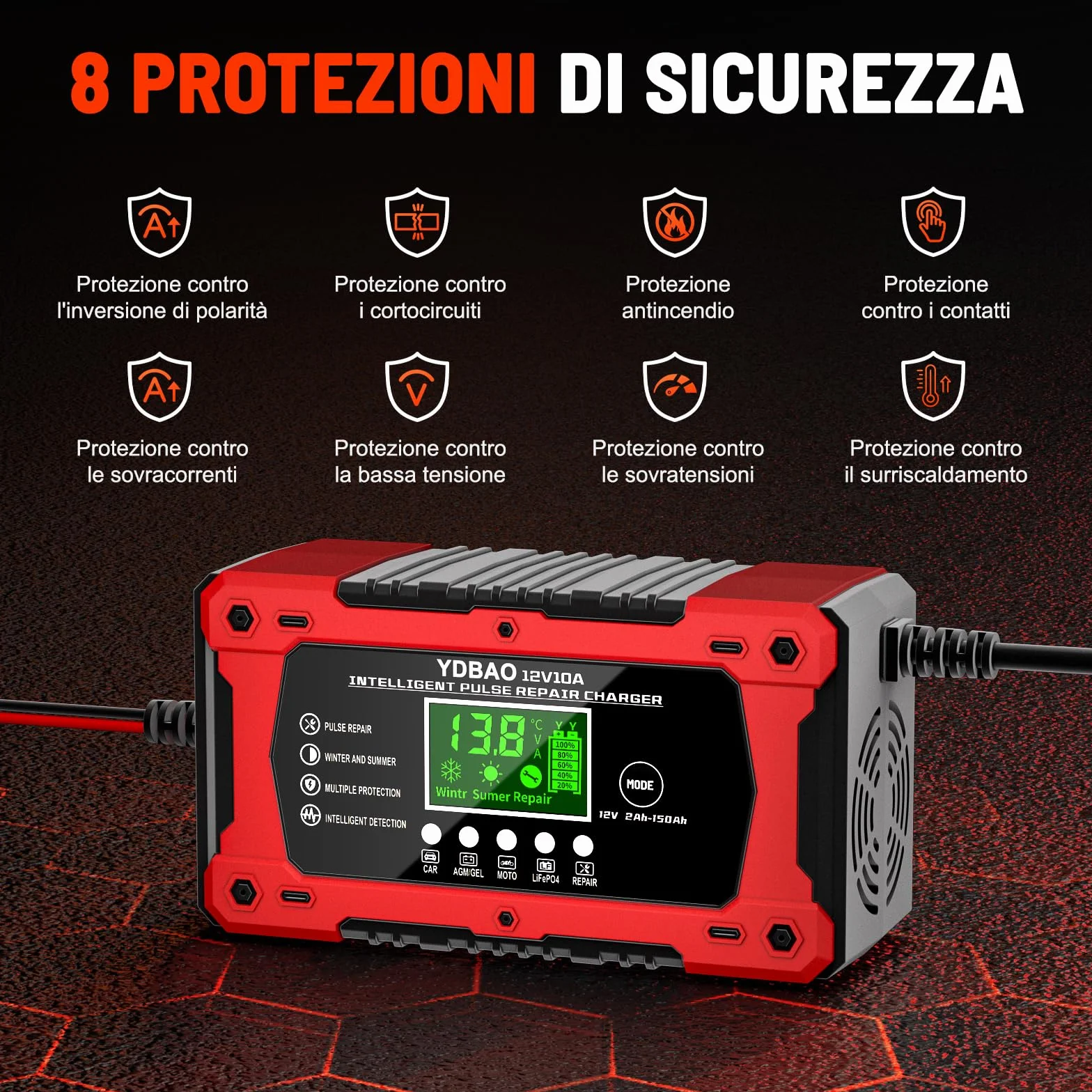 Caricabatterie Auto 10A 12V Multi Protezioni Intelligente Mantenitore con Schermo LCD per Moto Barche AGM LiFePO4