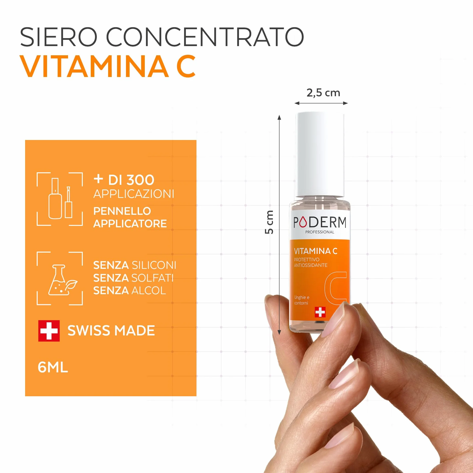 PODERM 5 in 1 Siero Booster Unghie – Vitamina C | Trattamento Illuminante e Antiossidante per Unghie Opache – 6 ML | Nutre e Rinforza L'unghia | 100% naturale – Sviluppato da un Podologo in Svizzera