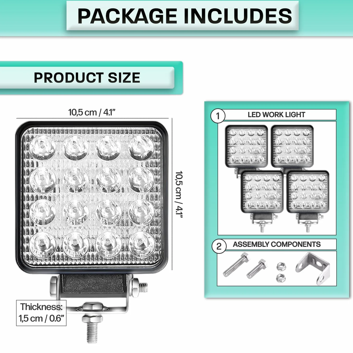 Fari Trattore 12V 48W 16 LED 6500K IP67 10.5 cm Alluminio ABS 4 Pezzi