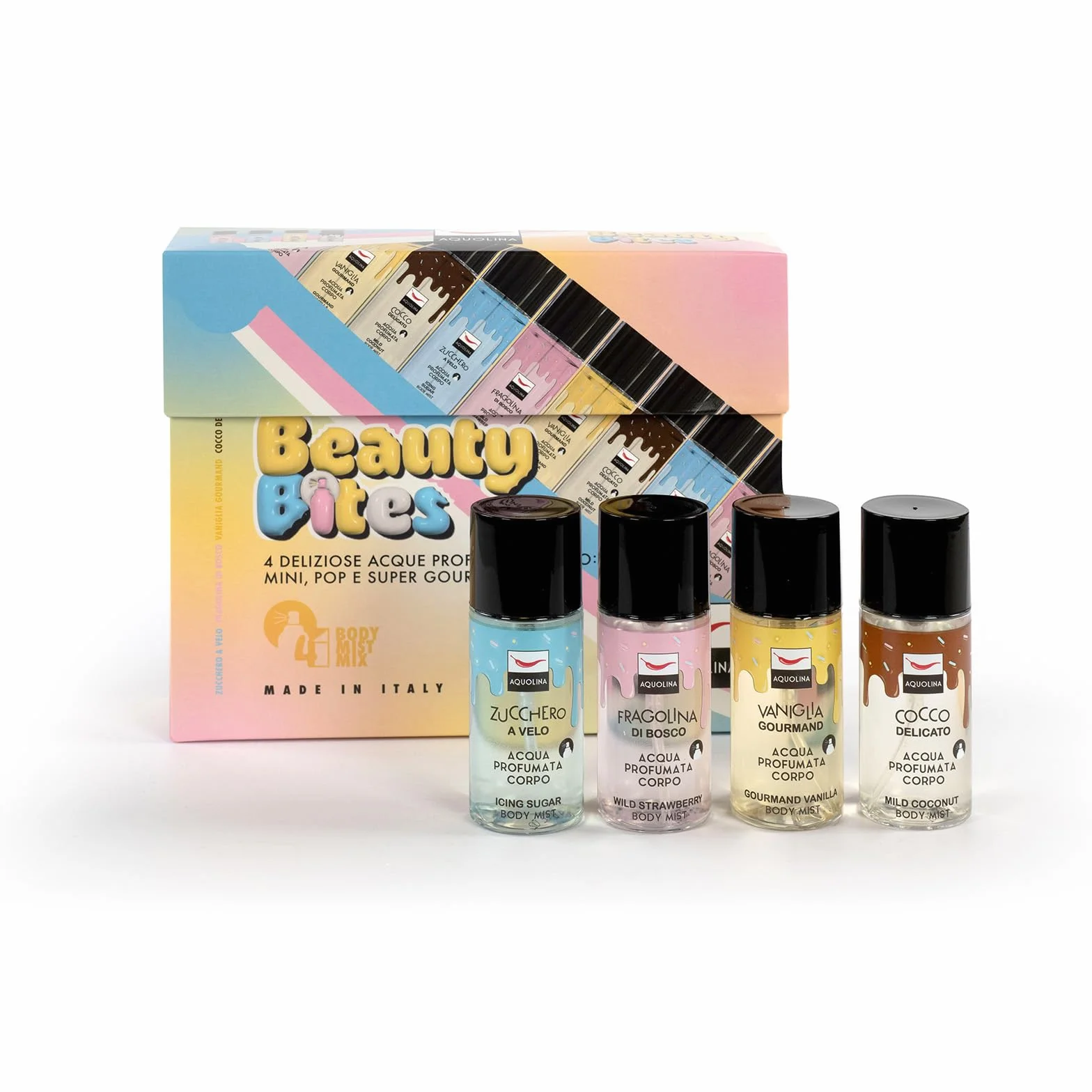 AQUOLINA BEAUTY BITES - Acqua profumata corpo Zucchero a Velo, Fragolina di Bosco, Vaniglia Gourmand, Cocco Delicato. Formato 50 ml