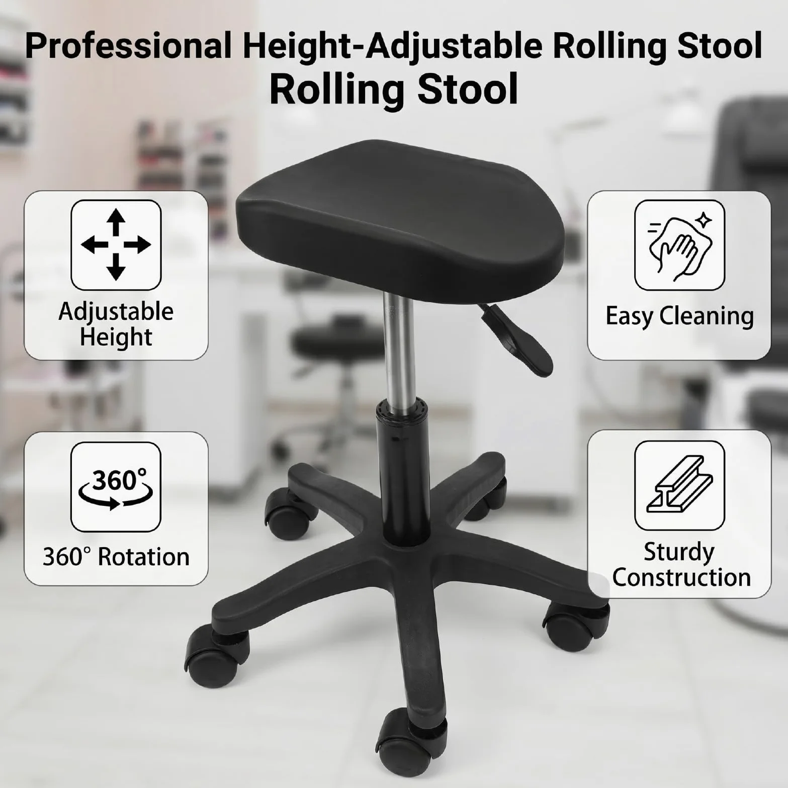 Brrnoo Sgabello per Pedicure con Rotelle Regolabile Sedia Girevole per Unghie a 360 Gradi Altezza 16,54-20,47 Pollici ABS in Acciaio Inossidabile per Uso Domestico in Salone