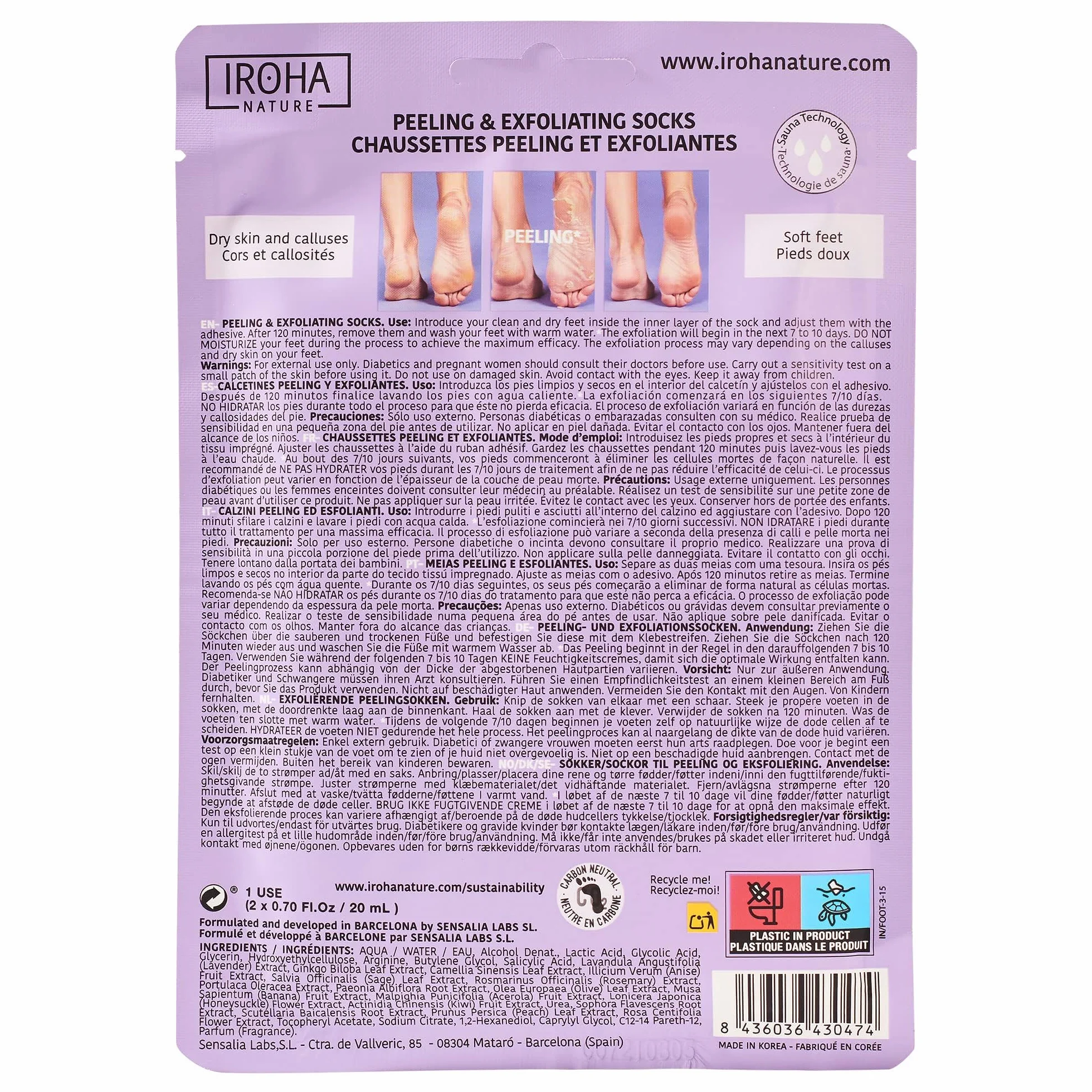 IROHA NATURE - Calzini Esfolianti | con Acido Glicolico, Lattico, Salicilico e Lavanda | Trattamento Intensivo per Piedi con Calli, Duroni e Screpolature | Formula Vegana | Risultati Provati.