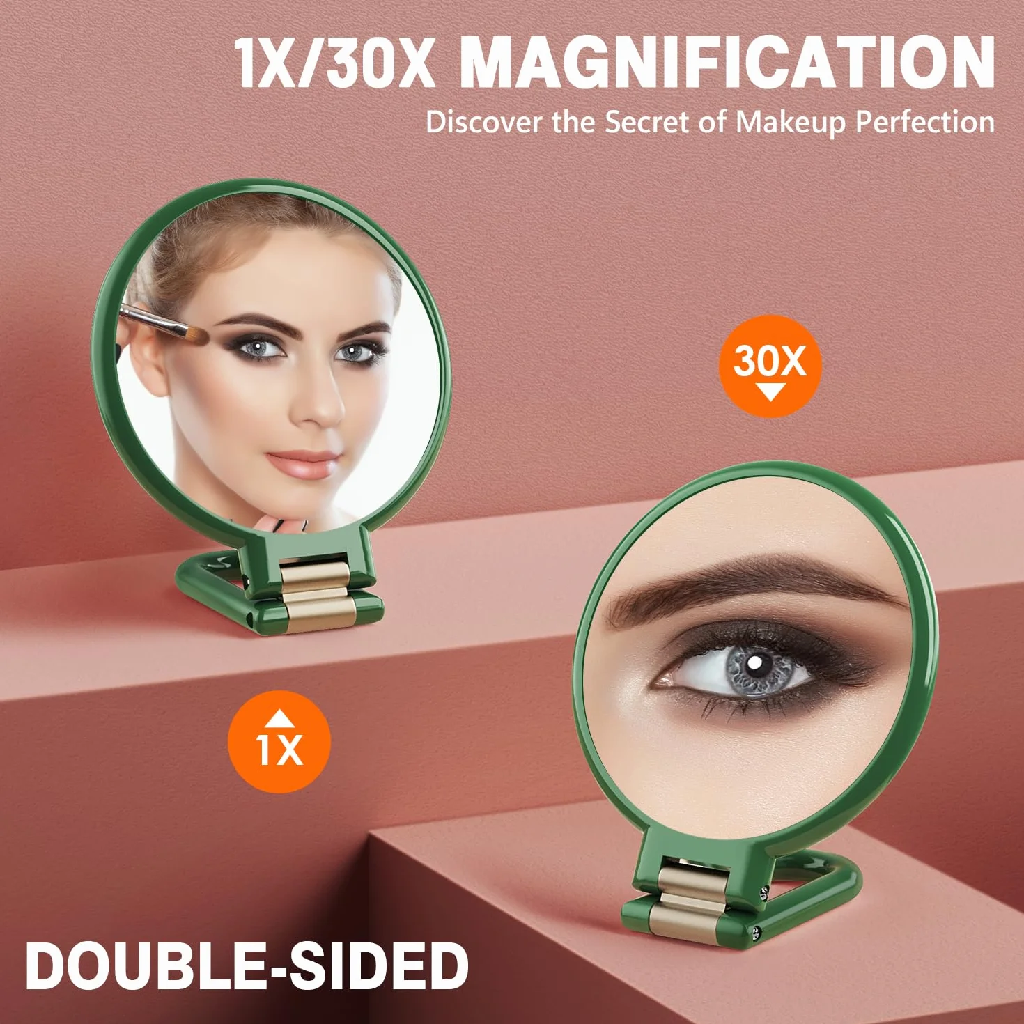 Auxmir Specchio Ingranditore Bifacciale 30X/1X, Specchio a Mano 14CM, Alta Definizione, Portatile, Pieghevole, Appendibile, Specchio Trucco da Viaggio per Trucco, Cura del Viso, Verde
