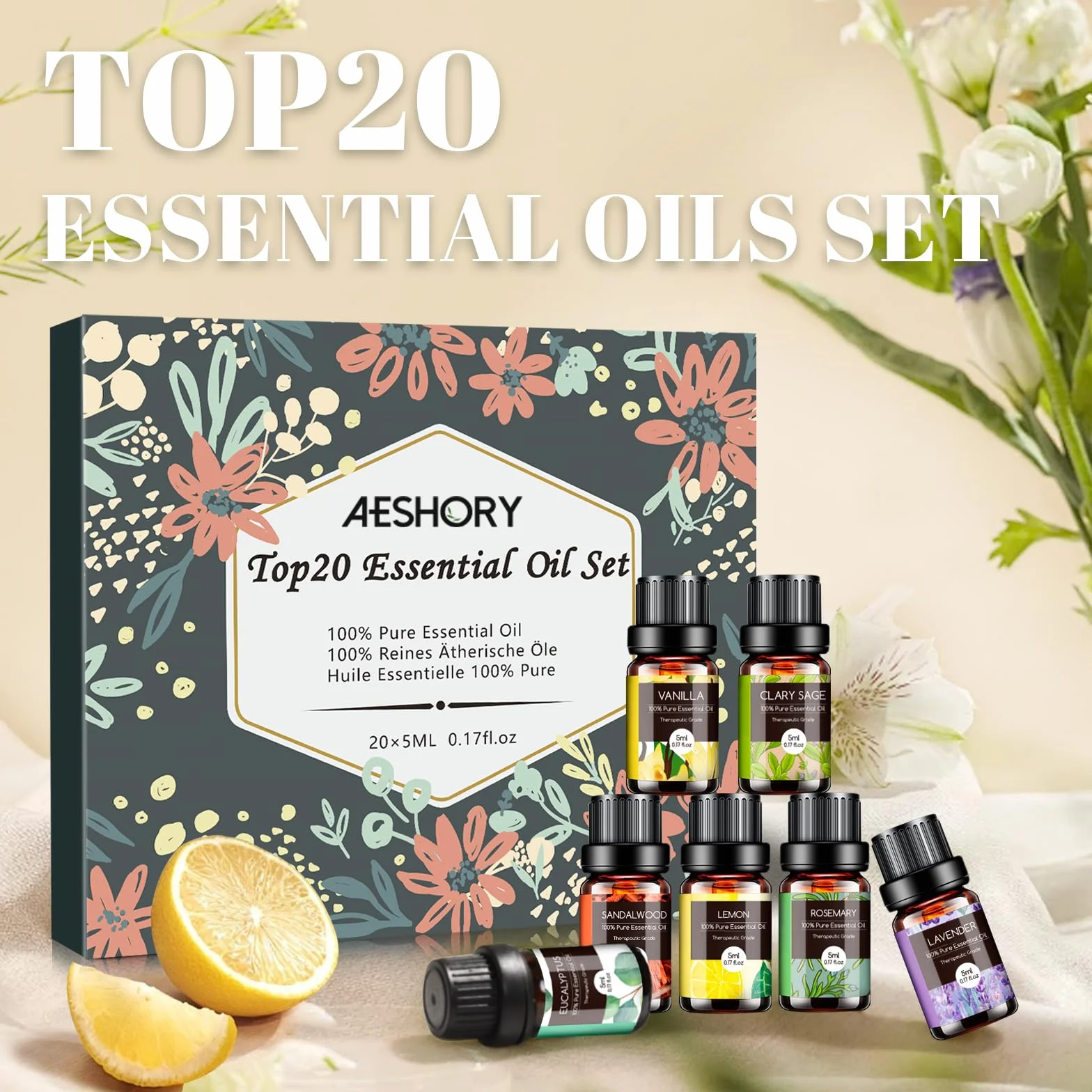 Set di Oli Essenziali per Diffusori Umidificatore 20 x 5ML, Olio Essenziale Naturali per Aromaterapia - Lavanda, Tea Tree, Citronella, Incenso