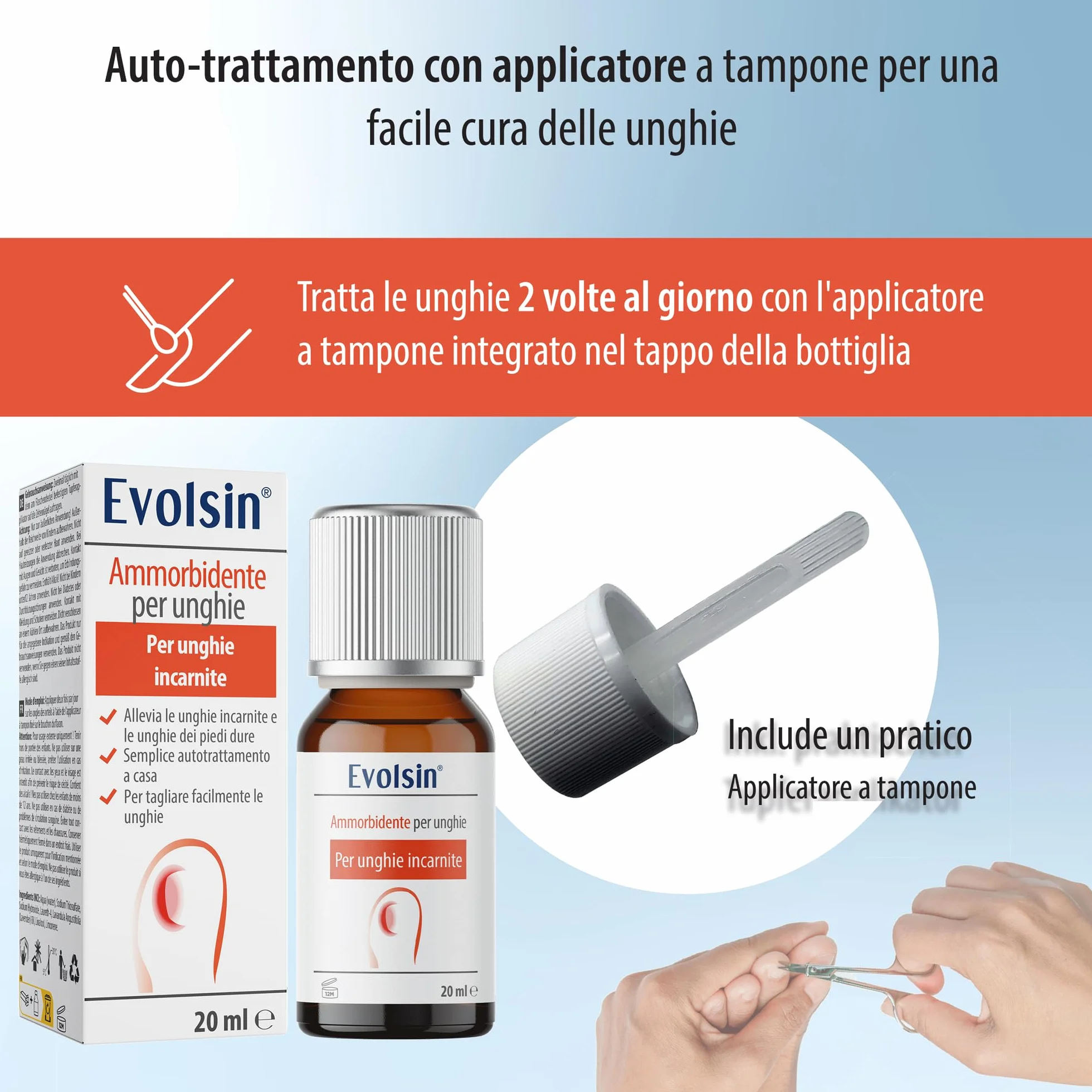 Evolsin Ammorbidente per unghie - Soluzione delicata ed efficace per unghie incarnite - Formula alcalina per unghie morbide ed elastiche - Facile da usare con applicatore di tampone - 20ml