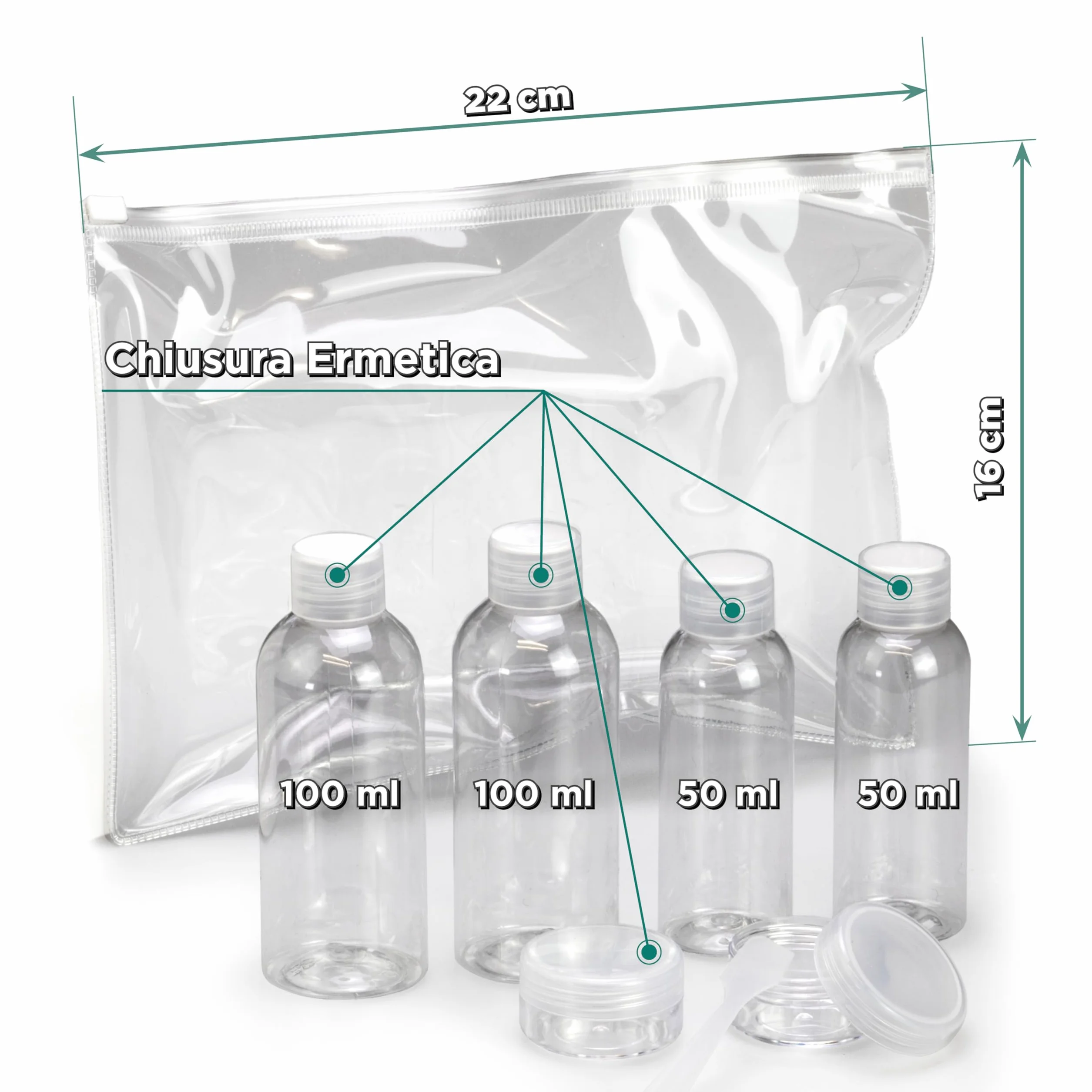 7 PZ Kit Viaggio Liquidi BENESSERE In Linea® - kit Liquidi Aereo - kit viaggio aereo - Travel kit 100 ml - Porta Liquidi da viaggio aereo - 2 flaconi 100 ml + 2 flaconi 50 ml + 2 Porta Crema / Lenti