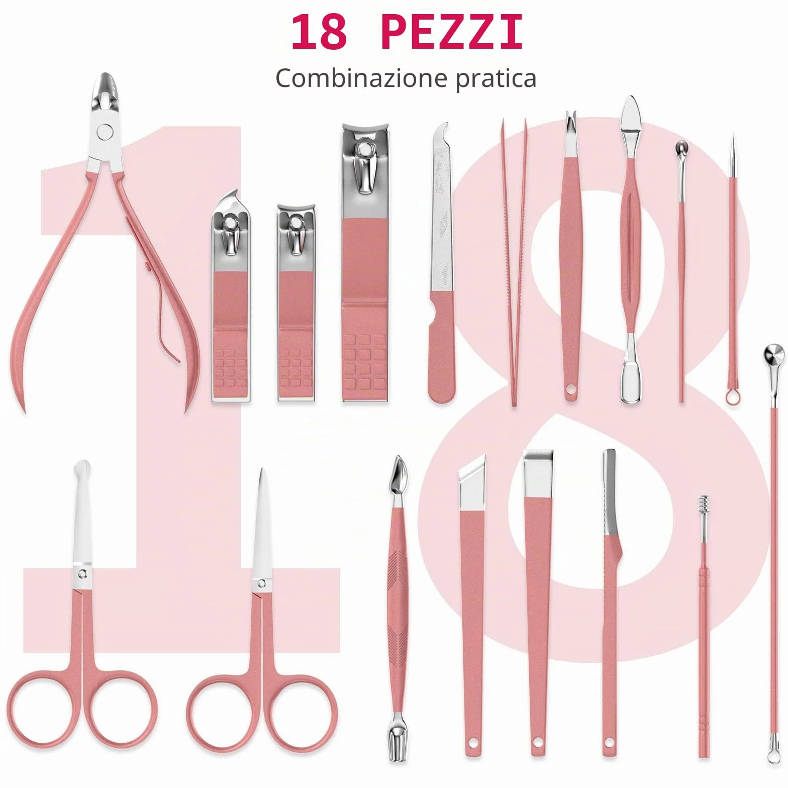 ZIZZON zestaw do manicure 18 w 1 profesjonalny do pedicure z etui podróżnym różowy