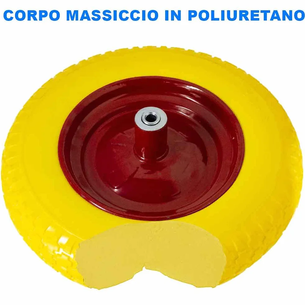 Bakaji Ruota Piena in Poliuretano Giallo Antiforatura per Carriola 35x9cm 3.50-8 Cerchio Acciaio Asse 210mm