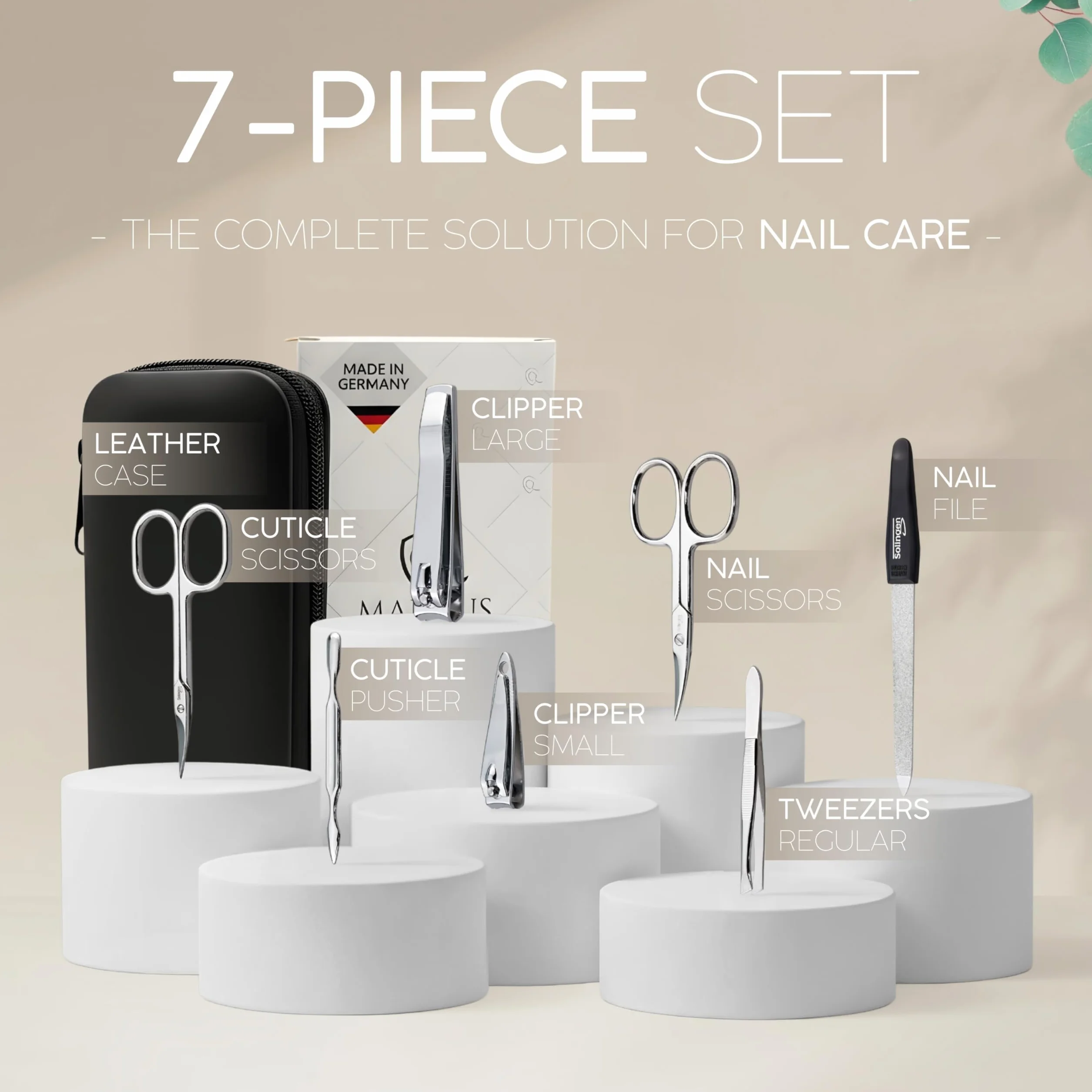 Solingen Set Manicure Uomo e Donna 7 Pezzi – Kit con Etui in Vera Pelle Forbicine Strumenti Mani Piedi