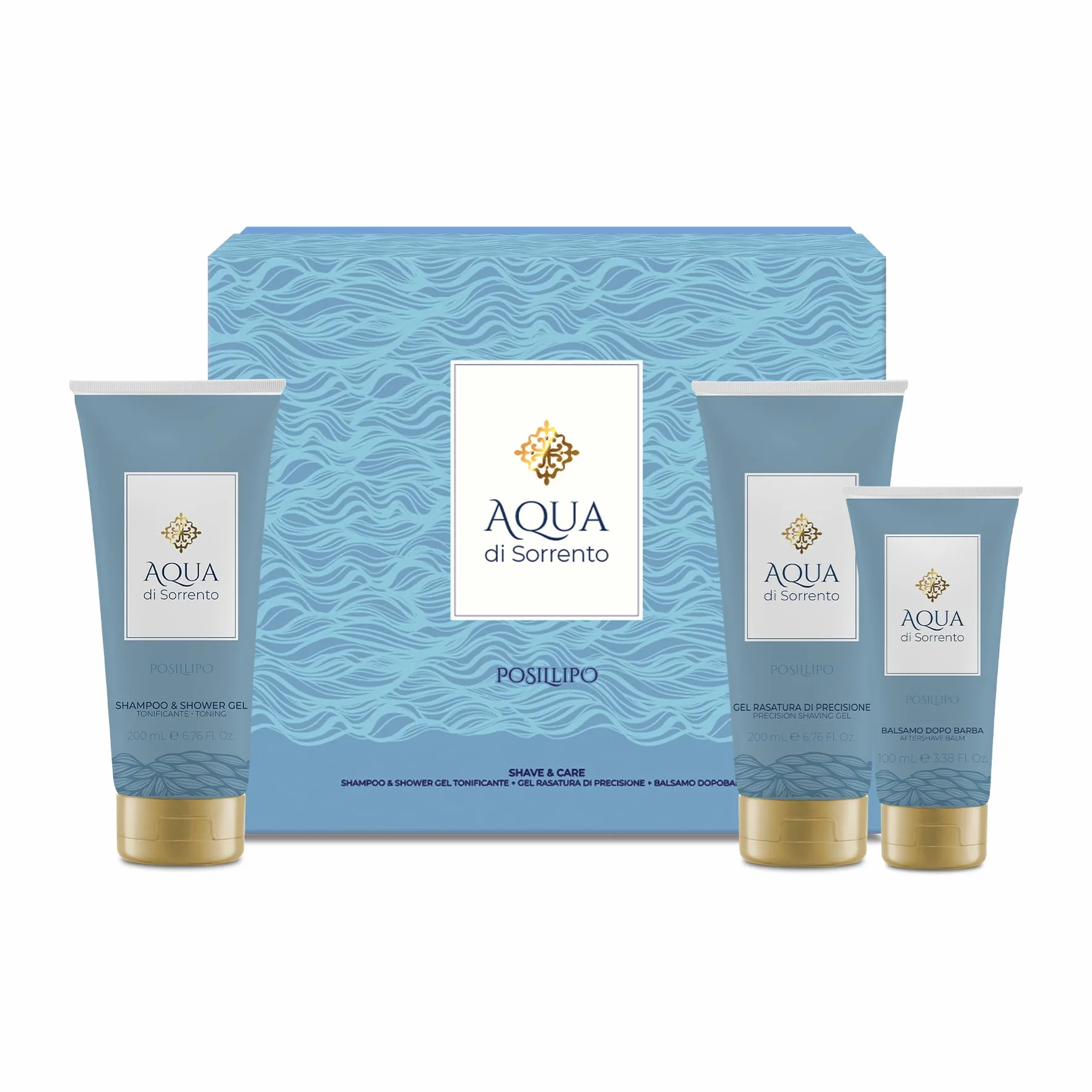 AQUA DI SORRENTO | Posillipo, Confezione Regalo Uomo, Gel Doccia e Shampoo & Shower Gel da 200ml + Balsamo Dopobarba 100ml, Fragranza Agrumata, Floreale e Legnosa
