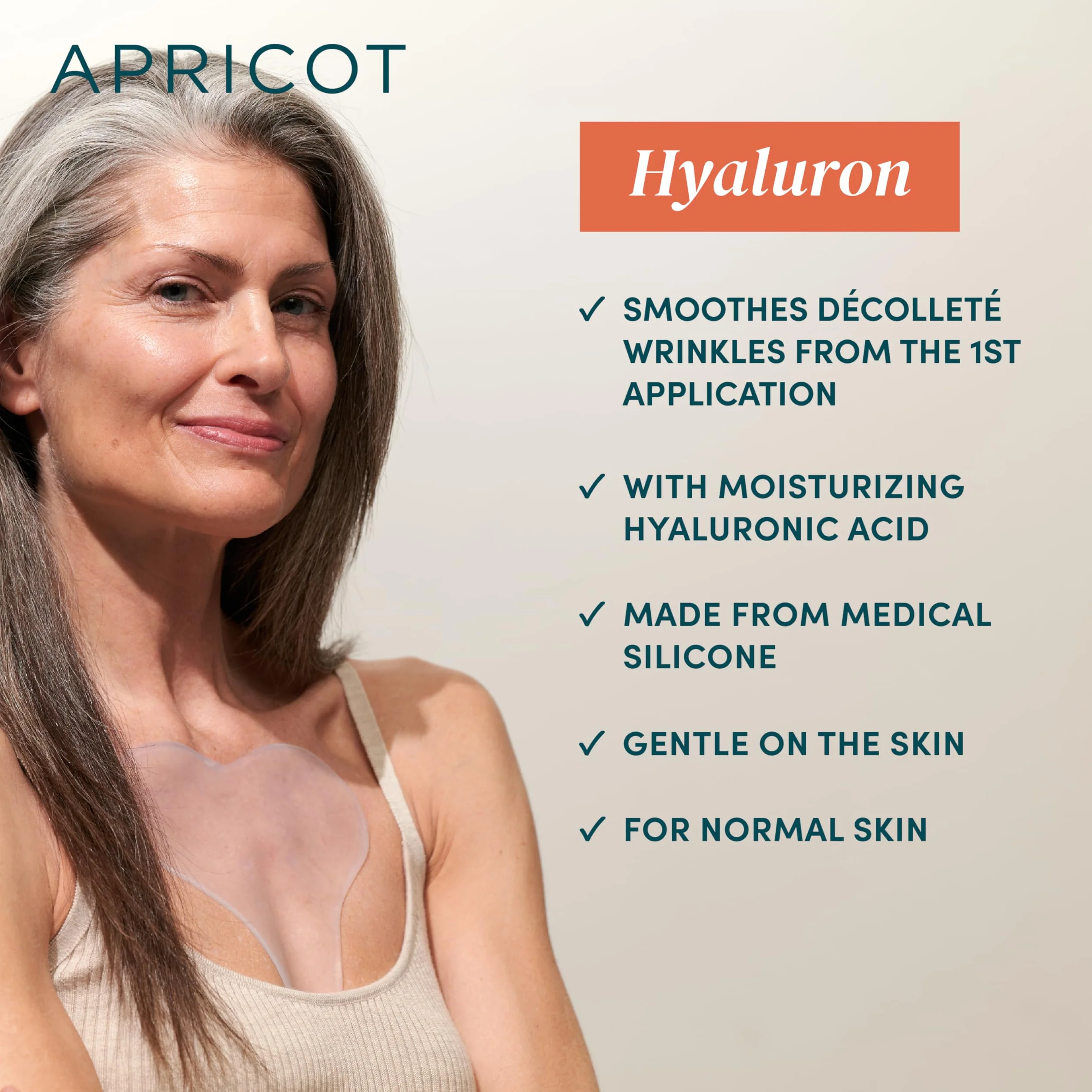 APRICOT decollete Pad antirughe in silicone medico con acido ialuronico a basso peso molecolare – Riutilizzabile fino a 30 volte, dermatologicamente confermato, vegano e senza sperimentazione su