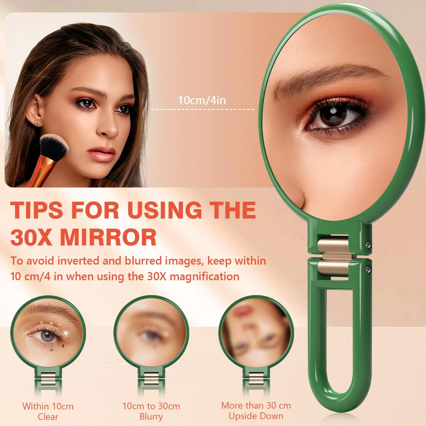 Auxmir Specchio Ingranditore Bifacciale 30X/1X, Specchio a Mano 14CM, Alta Definizione, Portatile, Pieghevole, Appendibile, Specchio Trucco da Viaggio per Trucco, Cura del Viso, Verde