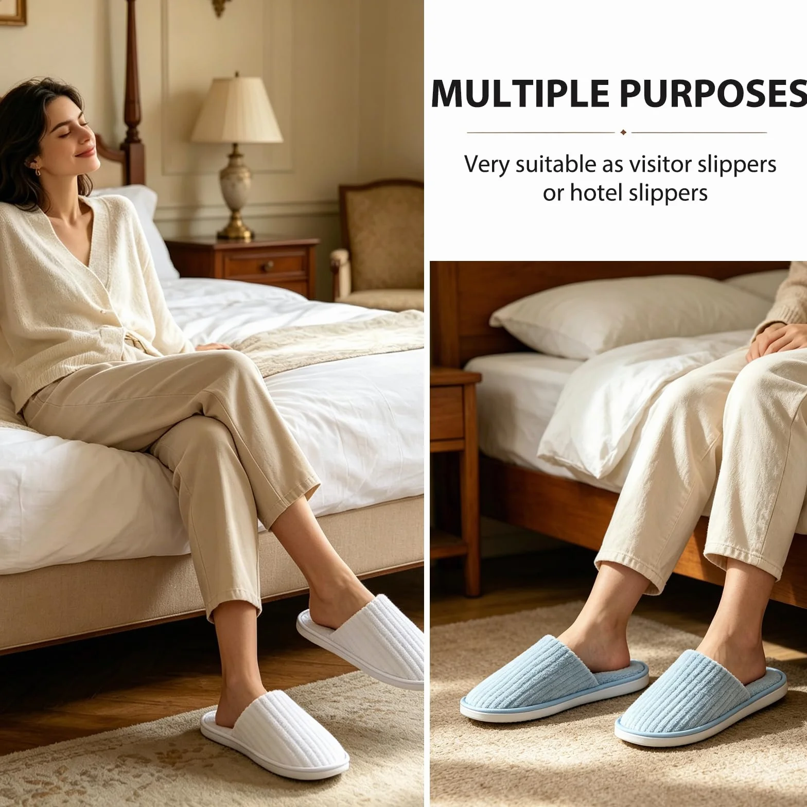 Ciabatte & Pantofole Usa e Getta 2 Coppie Unisex Salvaspazio Antiscivolo per Ospiti, Viaggio, Hotel, SPA, Casa, Bianco Crema & Azzurro.