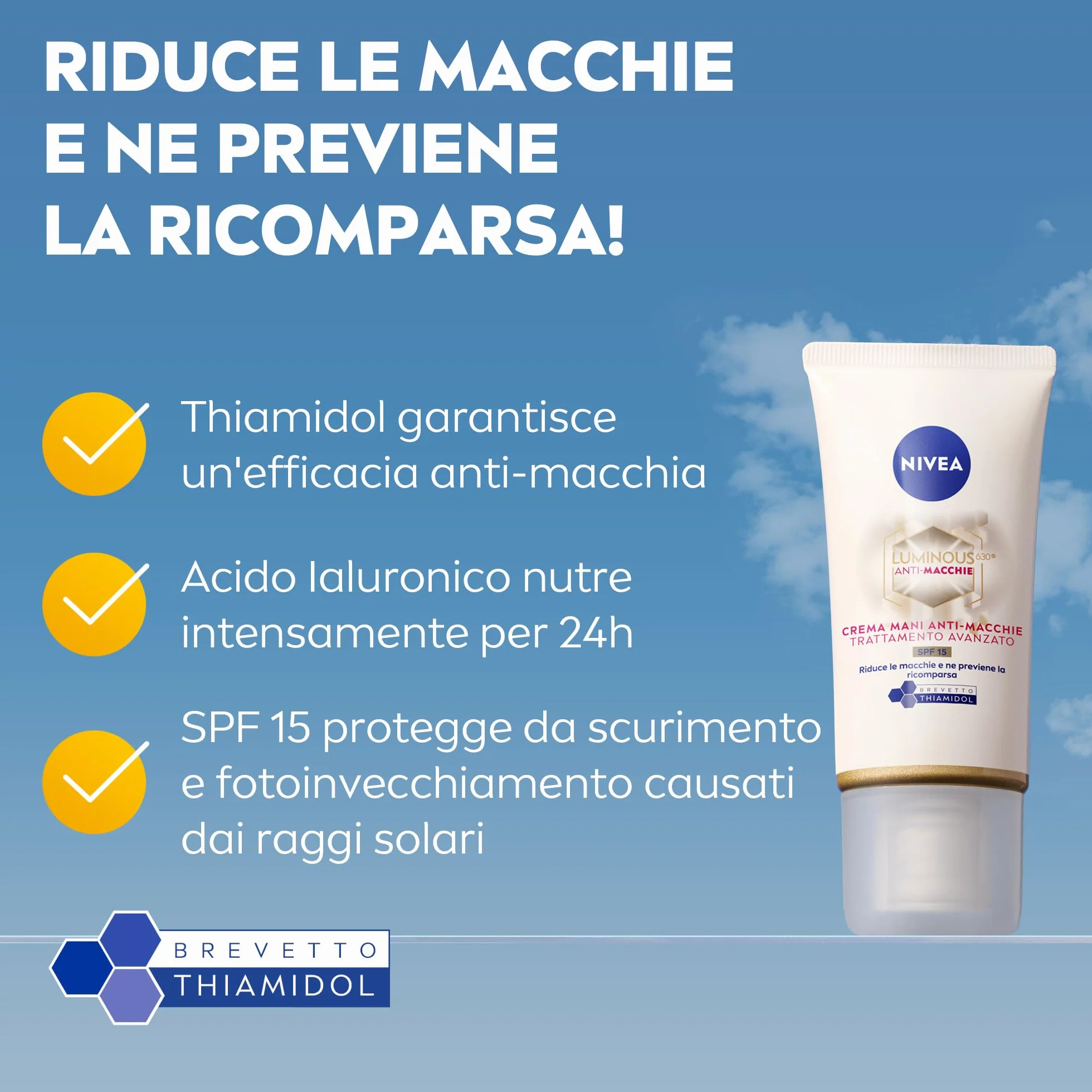NIVEA Luminous630 Anti-Macchie Crema Mani Trattamento Avanzato SPF 15, 50 ml, Crema mani antiage e antimacchie, con Acido Ialuronico e Thiamidol brevettato, per mani secche e screpolate