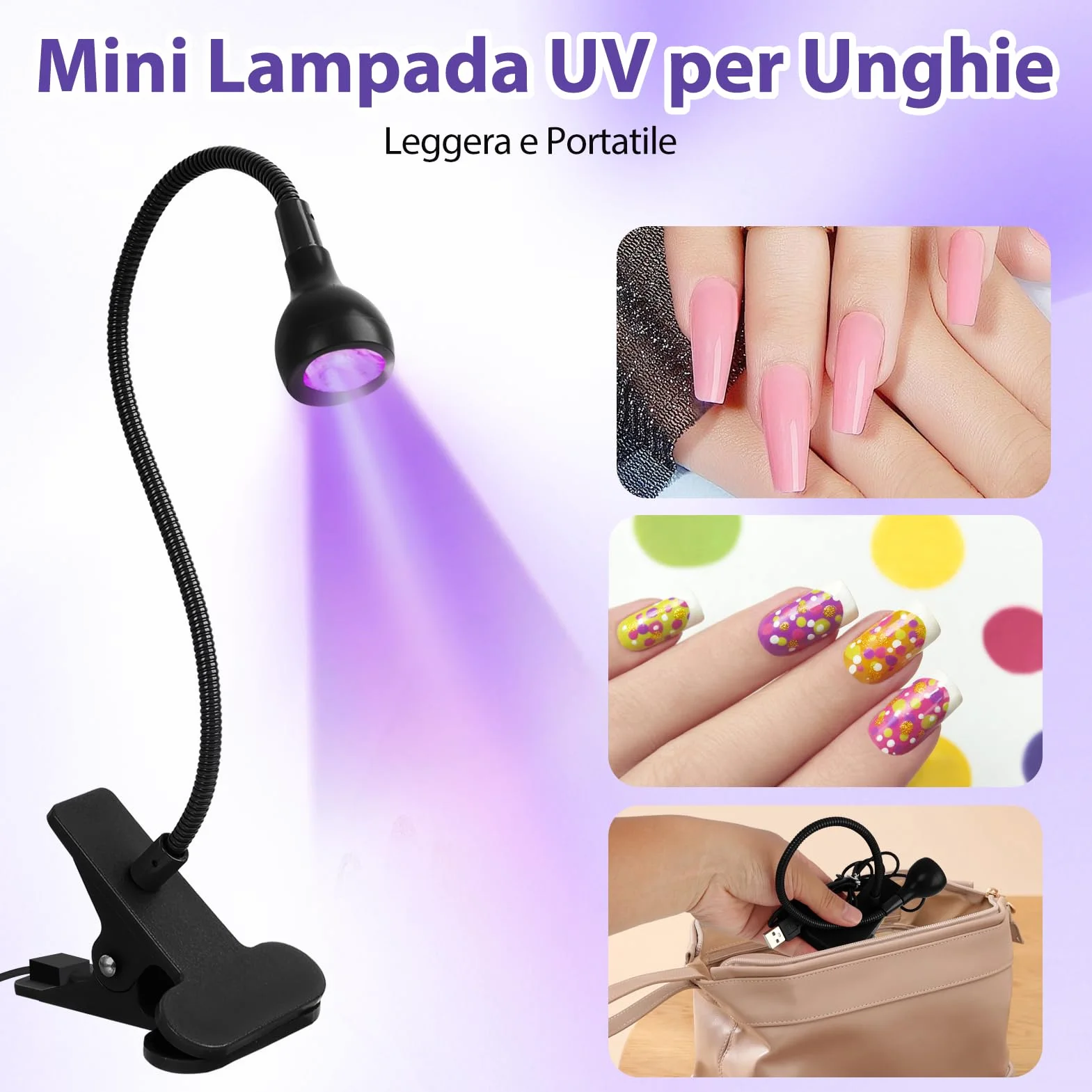 Lampada UV LED Unghie 5W Mini Portatile con Clip, 360° Testa Regolabile per Gel Resina Colla UV, USB Nero
