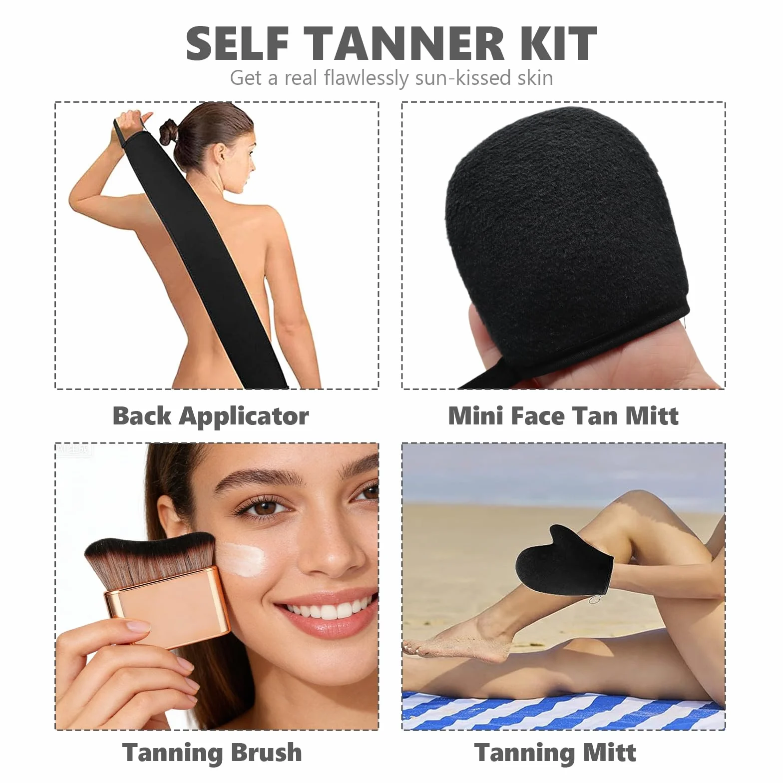 4 Pezzi Kit Guanto Autoabbronzante, Autoabbronzante Guanti Applicatore, Applicatore Abbronzatura Riutilizzabili Lavabili, per Crema Abbronzante, Nero