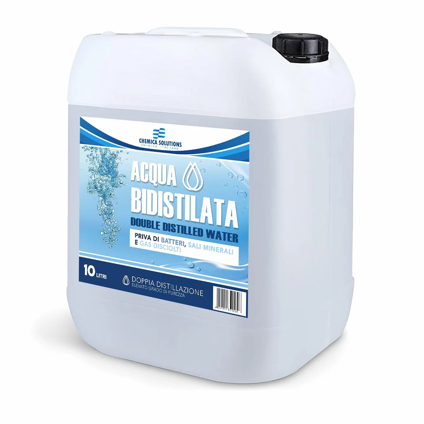 CHEMICA SOLUTIONS Acqua Bidistillata Pura per Uso Industriale e clinico tanica da 10 Litri, Distillata Due Volte, Demineralizzata, per Ferri da Stiro, umidificatori, batterie e Altro Made in Italy