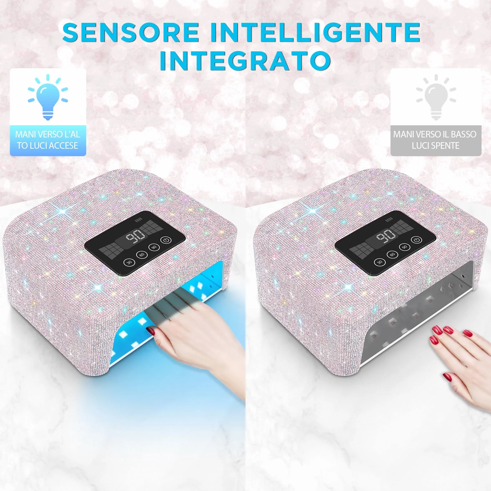 Lampada UV Ricaricabile Senza Fili per Unghie in Gel LED 4 Modalità Timer Strass Diamond per Unghie
