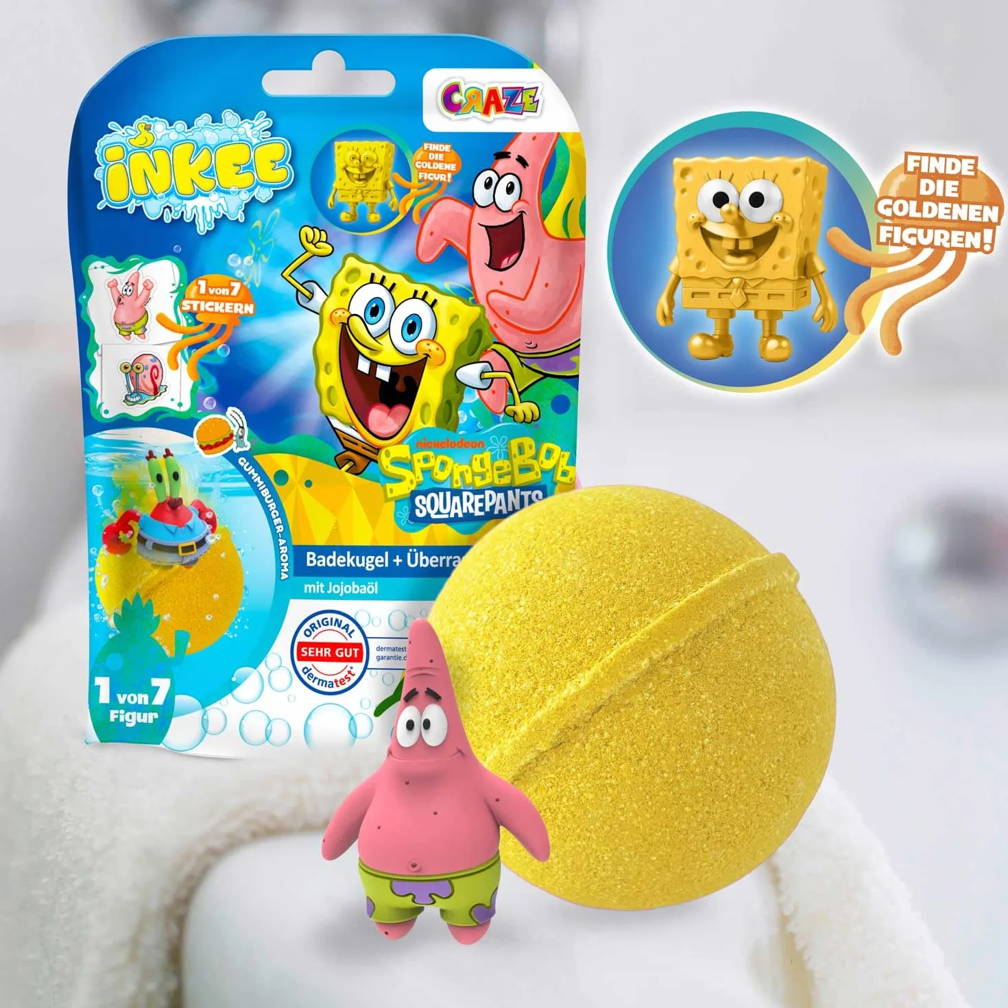 INKEE SpongeBob Bomba da Bagno con Sorpresa - Palla Bagno Bambini con Figura e Tatuaggio, Profumo Anguria, 100g, 7 Figure Collezionabili Edizione Oro