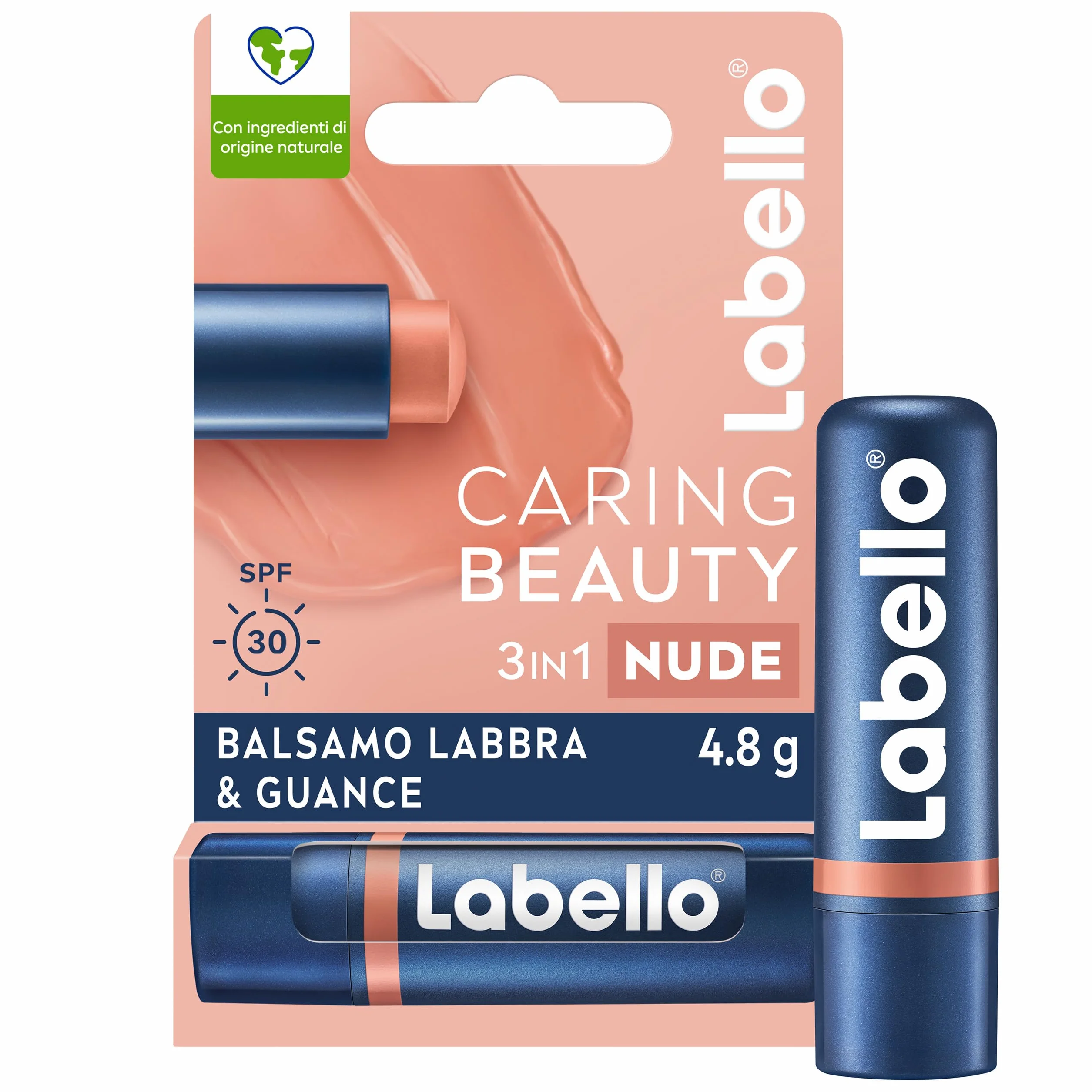 Labello Caring Beauty Lip & Cheek Nude 4.8 g, Burrocacao labbra e guance 2 in 1 con SPF 30