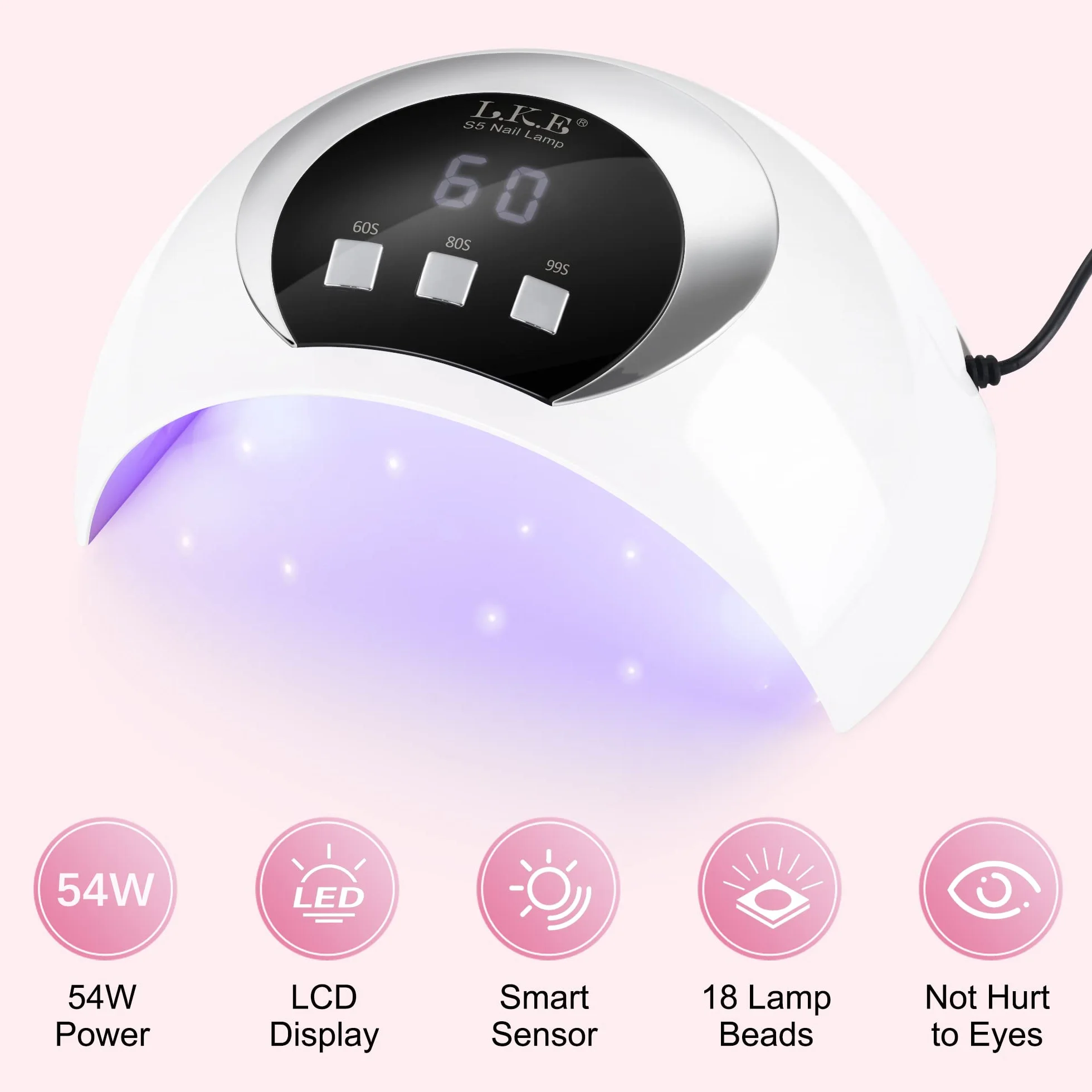 LKE Lampada UV LED Unghie 54W Sensore Avvio Automatico 3 Modalità Timer Display LCD