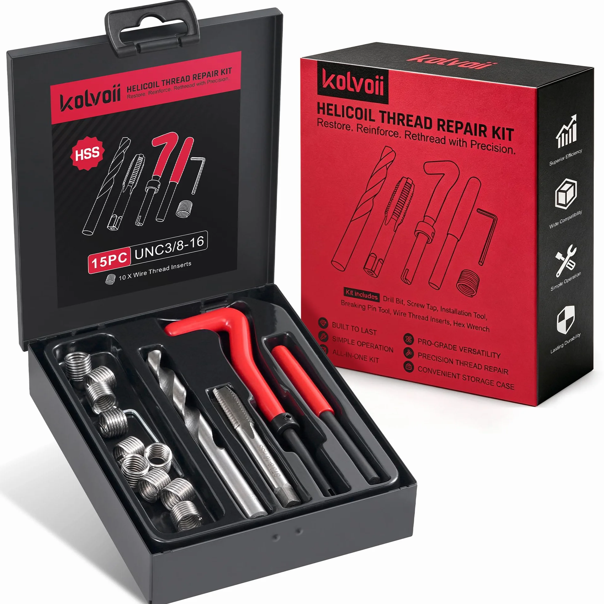 Kit riparazione filettatura UNC3/8-16 SAE Helicoil con punte HSS, inserti e rubinetti