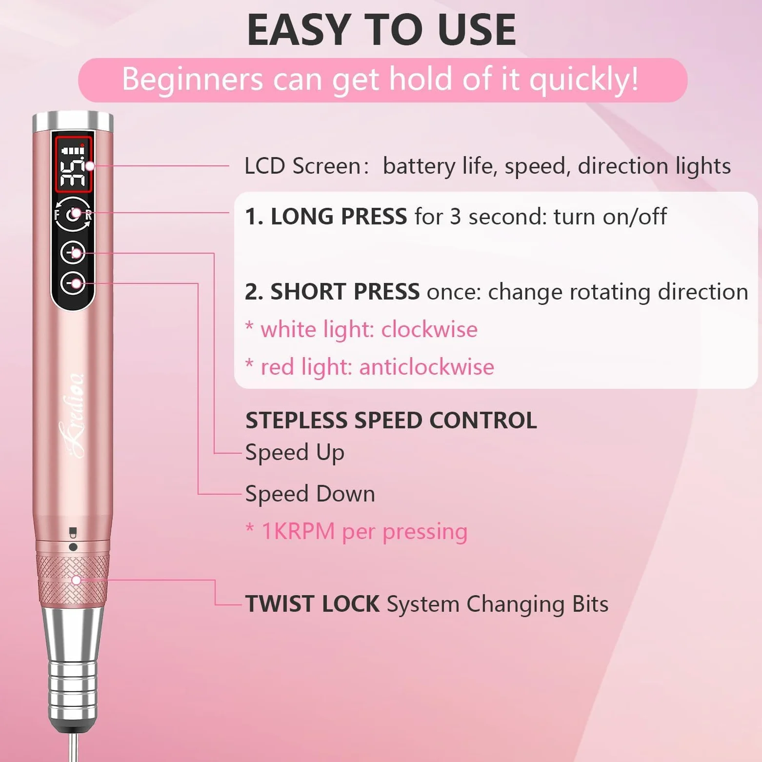 Kredioo Fresa per Unghie Professionale 35000RPM, Cordless e Ricaricabile | LED, Portatile Trapano Elettrico, Lima Elettrica per Manicure e Pedicure, Kit 6 Punte Fresa Unghie, Rosa