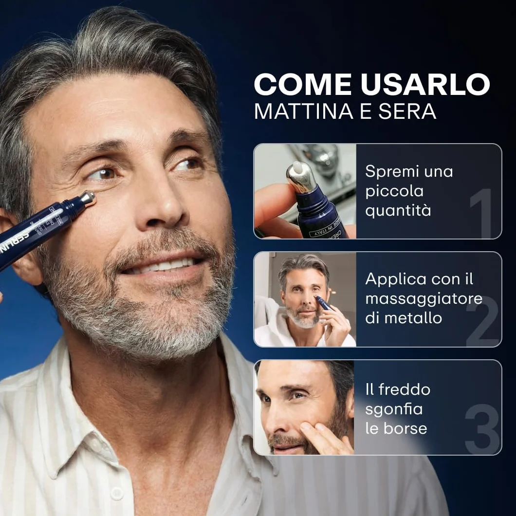 SERLINOLAB Contorno Occhi uomo,Crema Anti Borse, Occhiaie e Rughe con Acido Ialuronico, Caffeina e Argilerine, Trattamento Sguardo Fresco e Riposato, 15ml