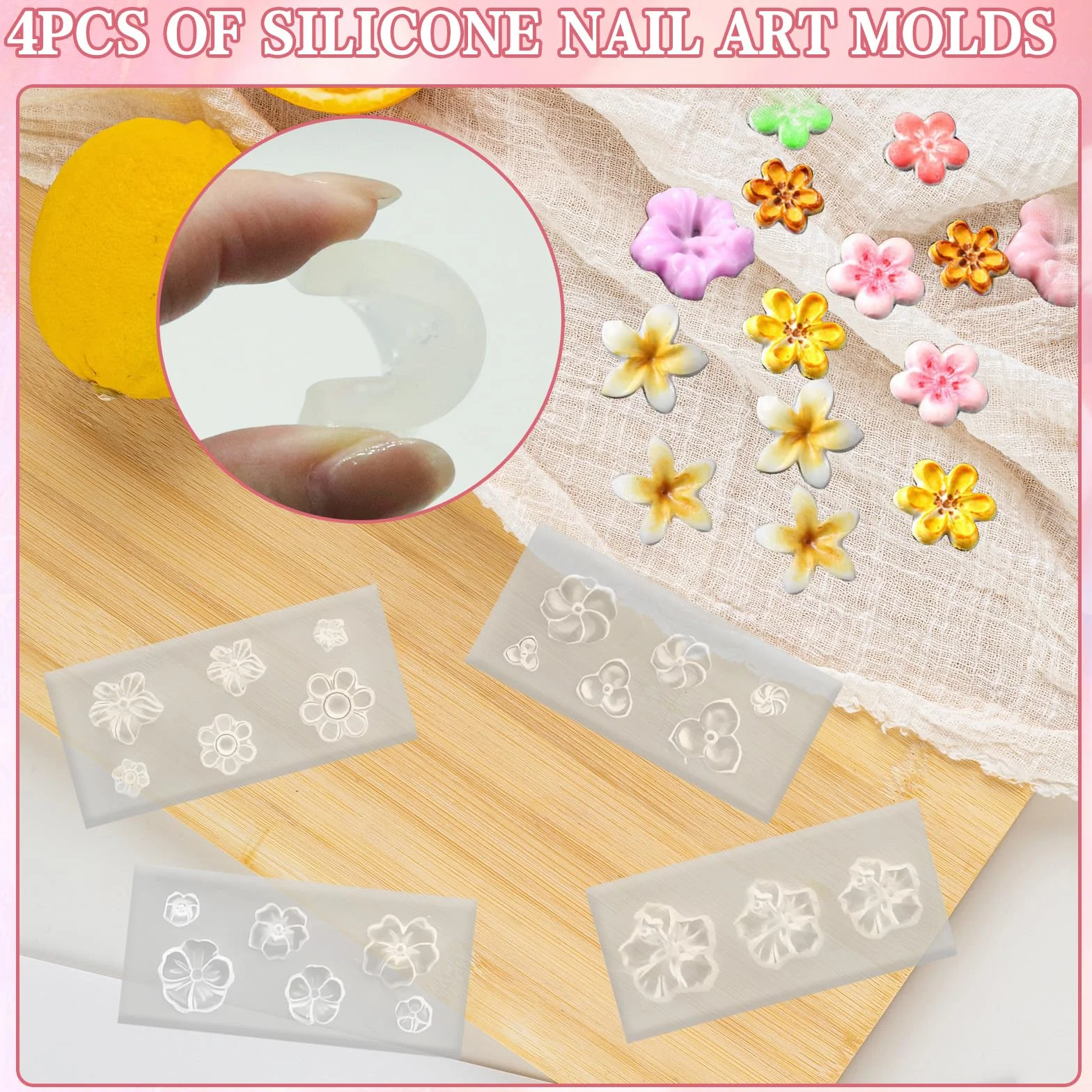 4 stampi in silicone per unghie a forma di fiore, stampi per nail art in gel 3D, stencil floreali, strumenti di design fai da te, accessori per manicure e decorazioni