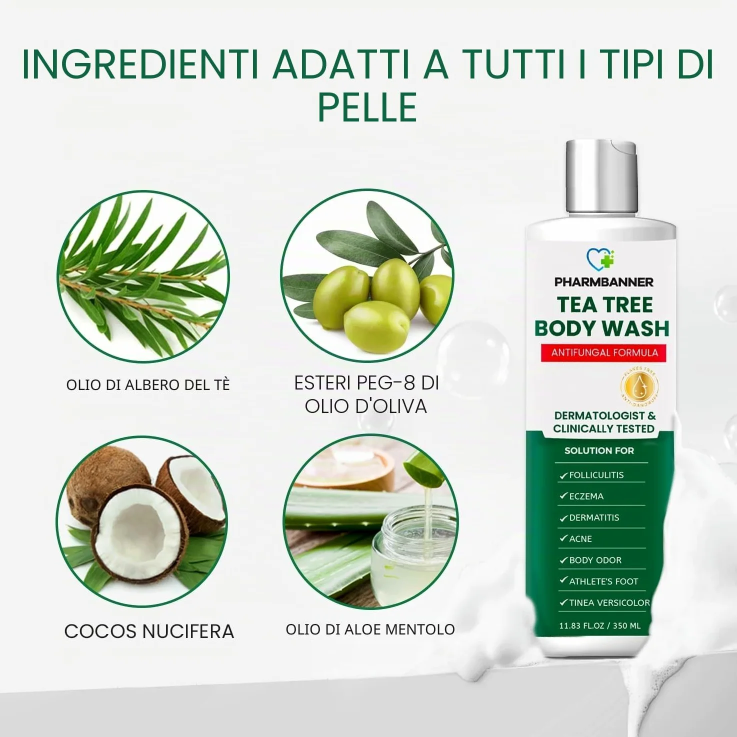 Tea Tree Body Wash, Gel Doccia Rinfrescante con Aloe, Olio di Cocco e Olio di Oliva, Uomo e Donna