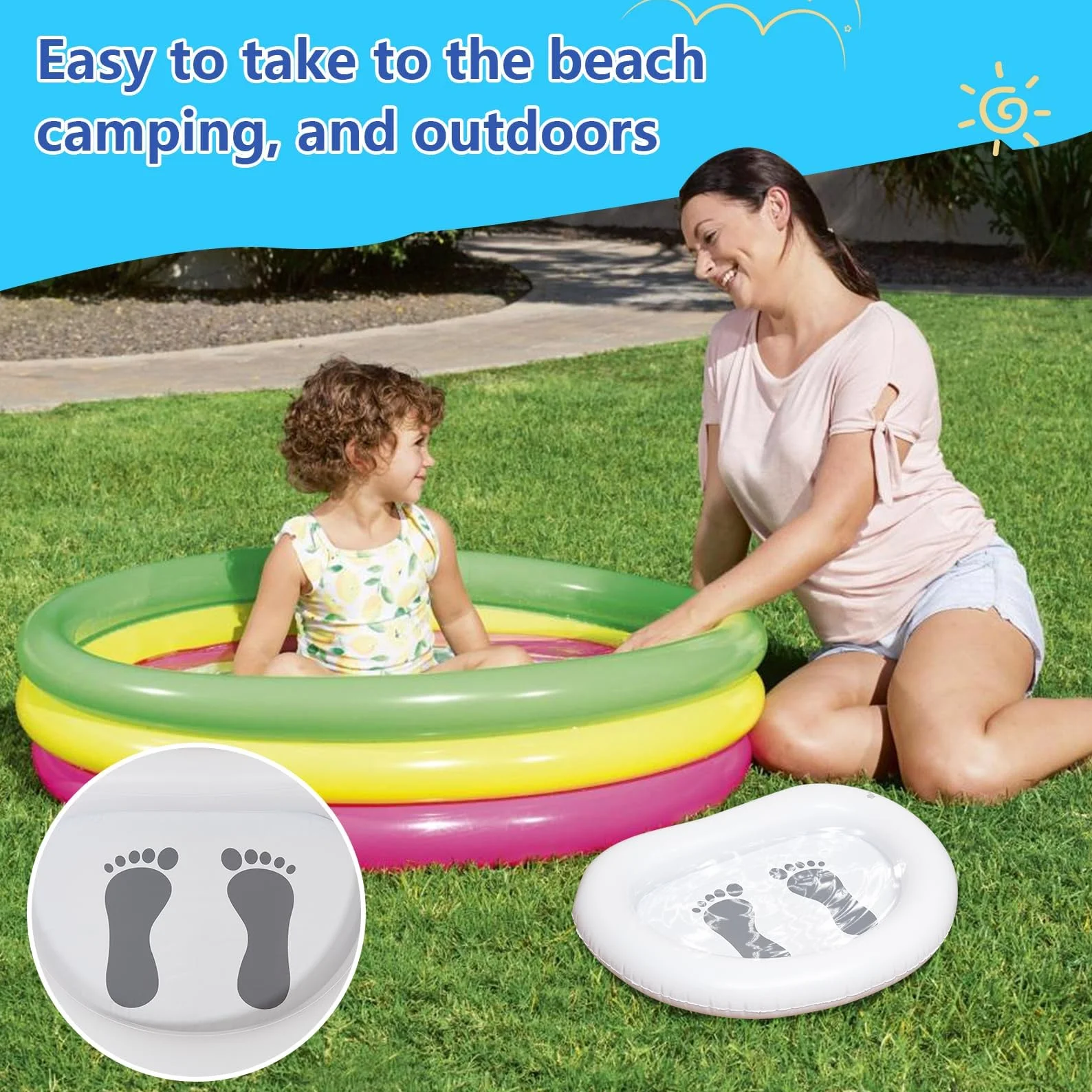Pediluvio Gonfiabile per Piscina, Vaschetta Lavapiedi per Piscina, Bacinella Gonfiabile per Pediluvio Portatile con Pompa dell'aria, Accessori per Scale di Ingresso Piscina, Piagge (A)