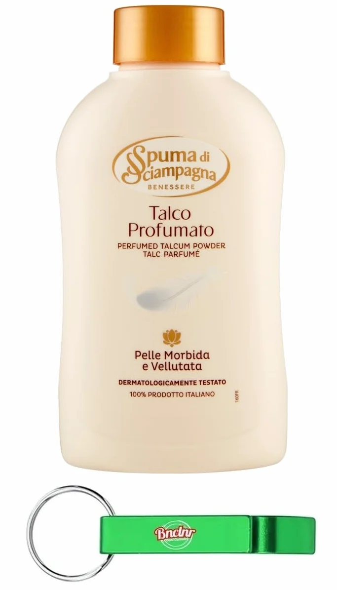 24x Spuma di Sciampagna Benessere Talco Profumato - Pelle Morbida e Vellutata 200g + Portachiavi Beni Culinari in Omaggio