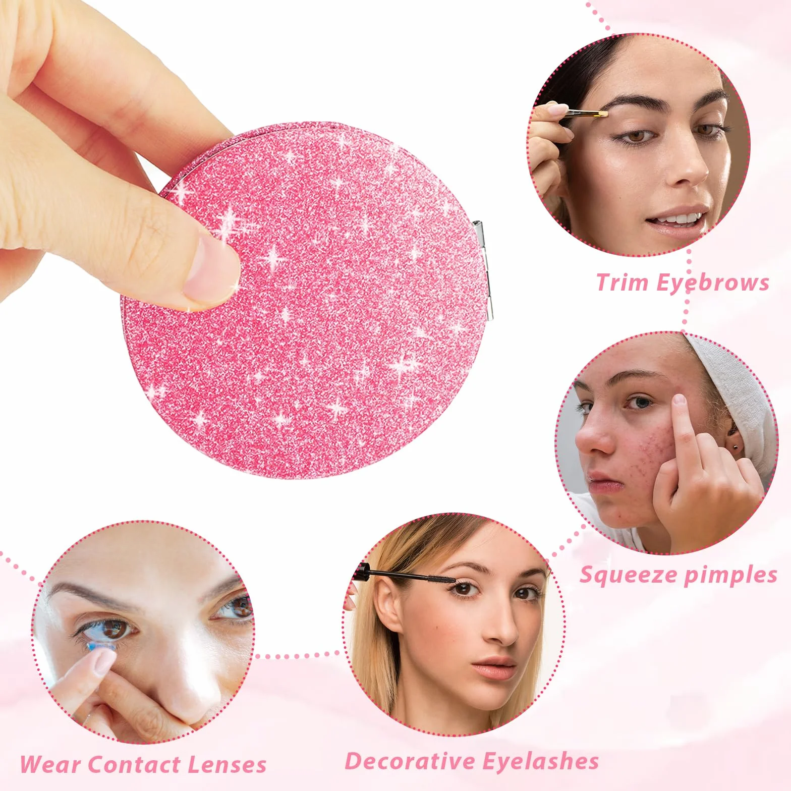 Andibro Specchio Compatto Tascabile Glitter Mini Rotondo per Trucco Pieghevole Palmare 2 Lati Ingrandimento 1x/2x Portatile per Donne Ragazze