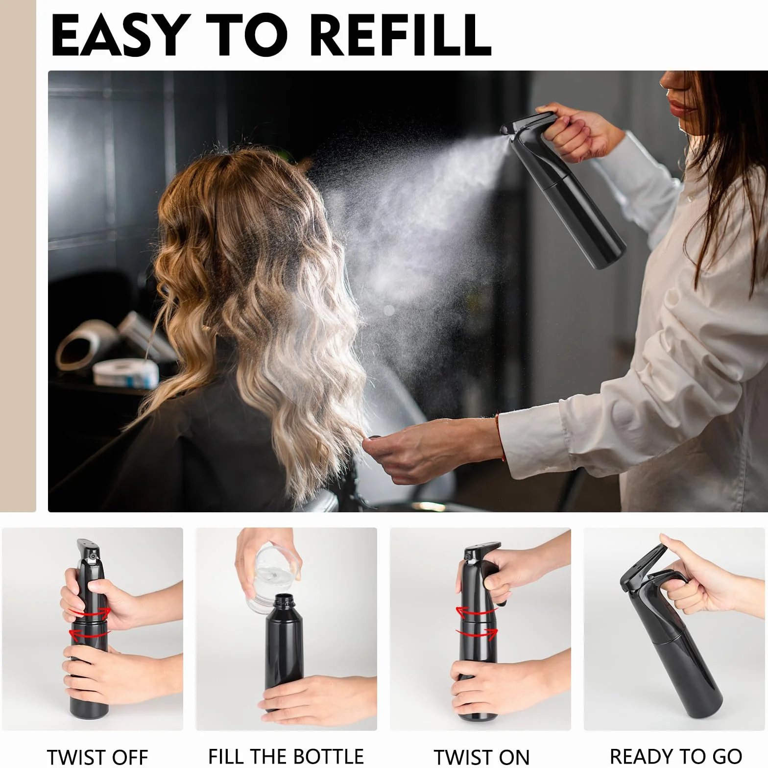 Romon Spray Capelli, 300 ML Nebulizzatore Acqua, Bottigliette Spray Flacone Spray, Spruzzatore A Pressione Continuo Ultra Fine Parrucchieri, Accessori Per Parrucchiere, Flacone Spray Per Piante, Nero