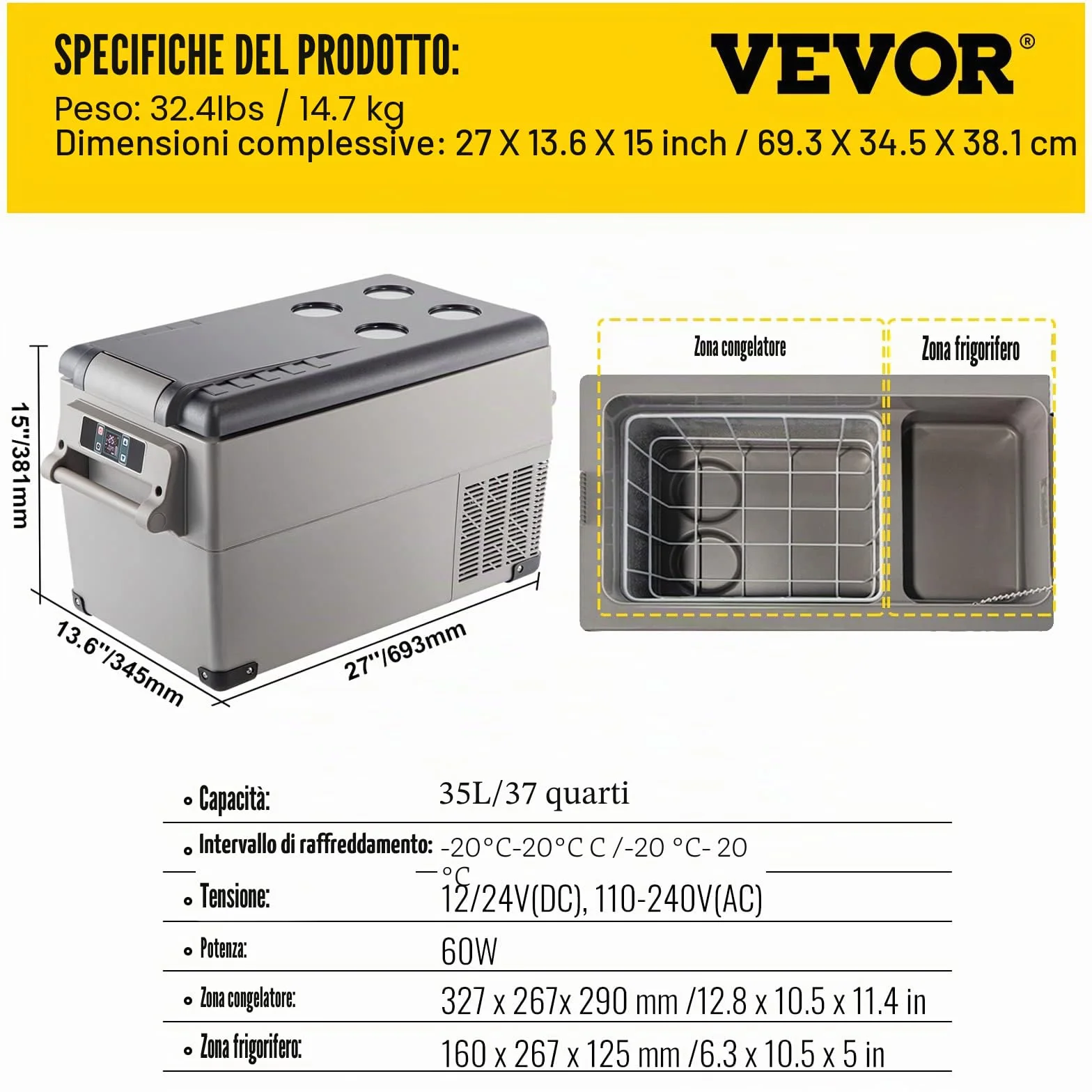 VEVOR Frigorifero Termoelettrico Portatile 35L, Frigorifero da Viaggio per Auto con LCD